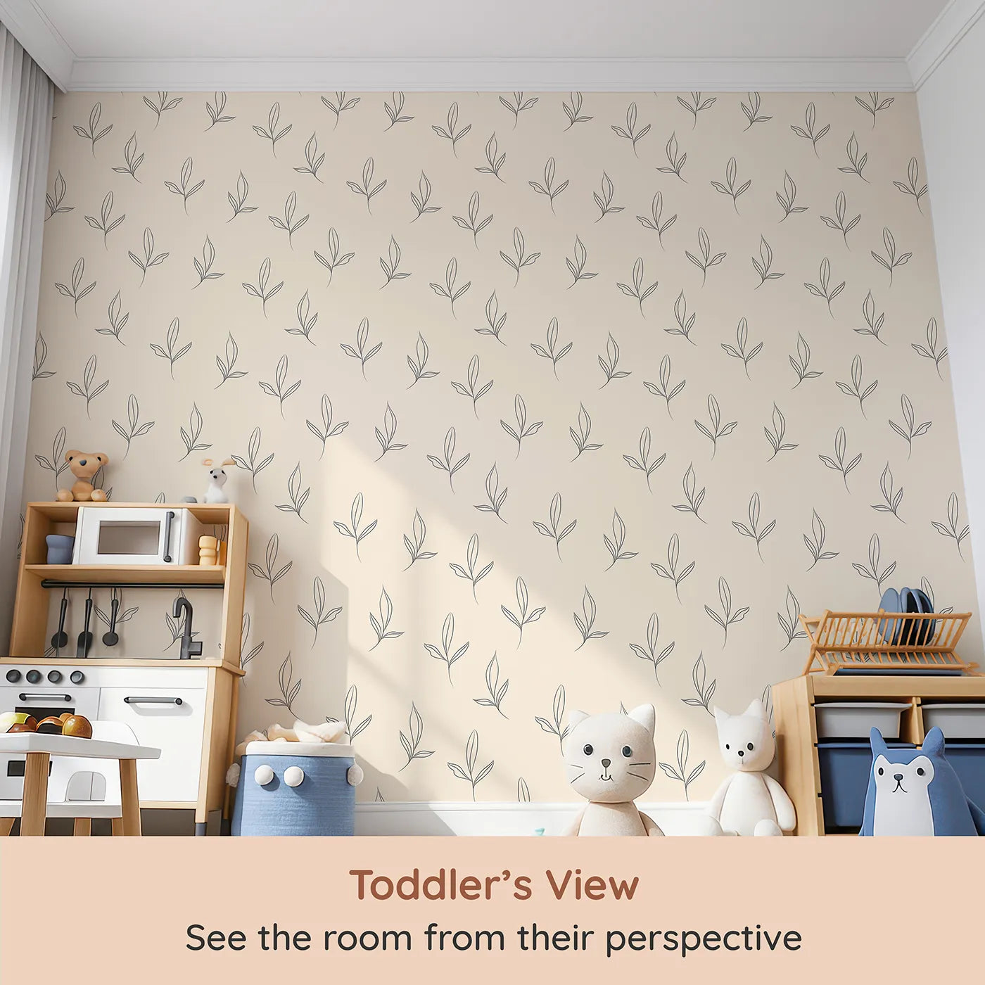 Whimsy Tots Whispering Leaflines Wallpaper in Sand (W3412C) from your child's view.Gentle leaf sketches sway across a soft sandy sky.