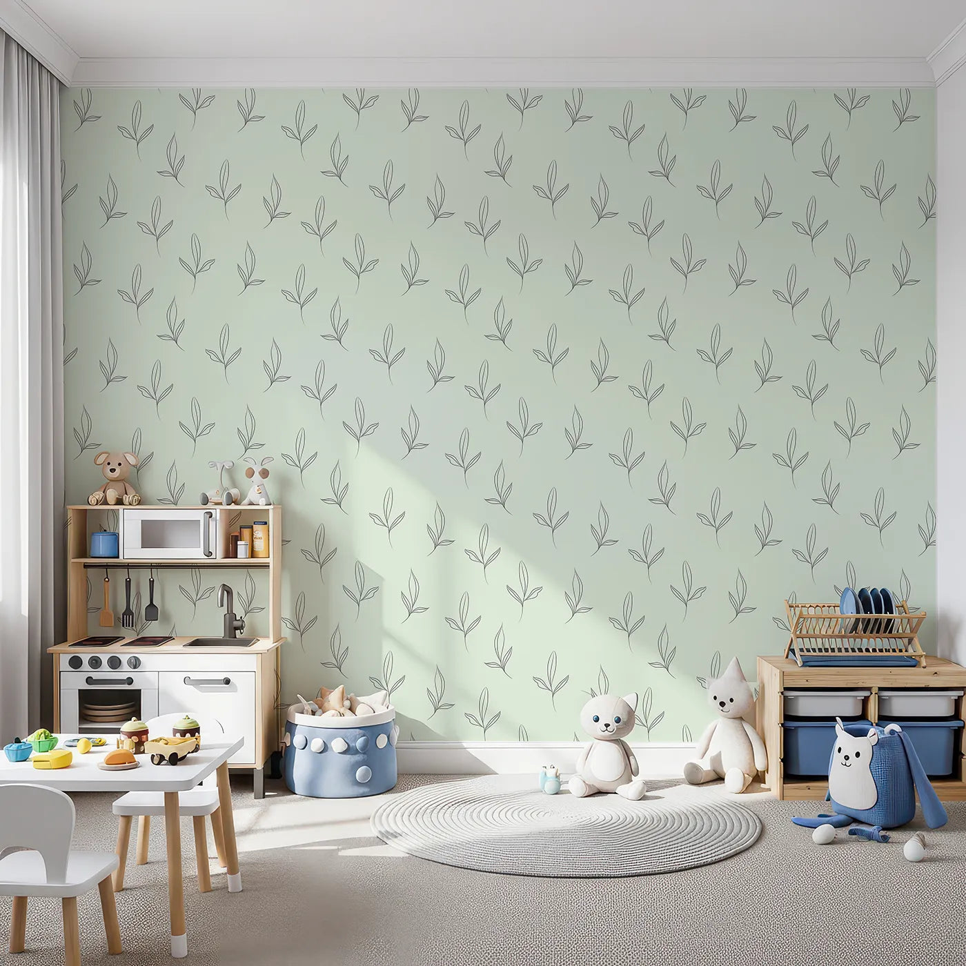 Front view of Whimsy Tots' Whispering Leaflines Wallpaper in Mint Green