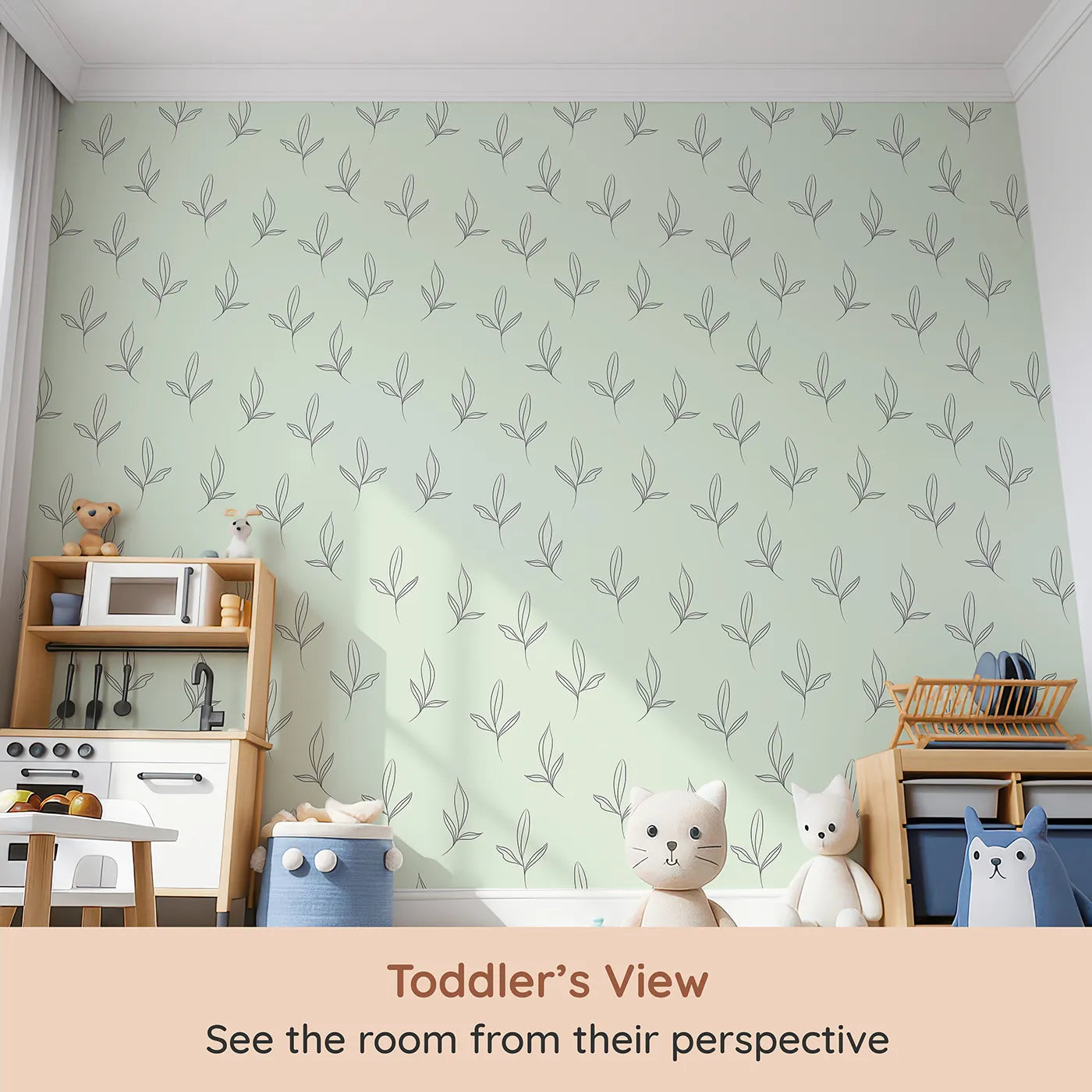 Whimsy Tots Whispering Leaflines Wallpaper in Mint Green (W3412D) from your child's view.Soft leaf sketches sway across a gentle mint green sky.