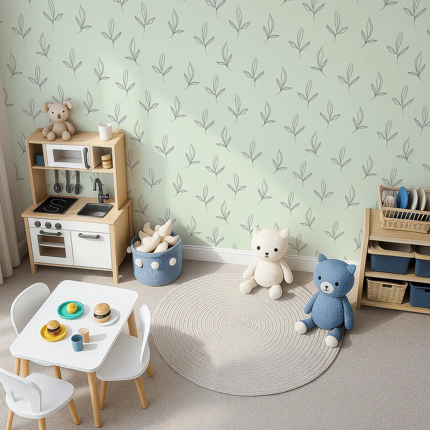 Top-Down view of Whimsy Tots' Whispering Leaflines Wallpaper in Mint Green (W3412D).Soft leaf sketches sway across a gentle mint green sky.