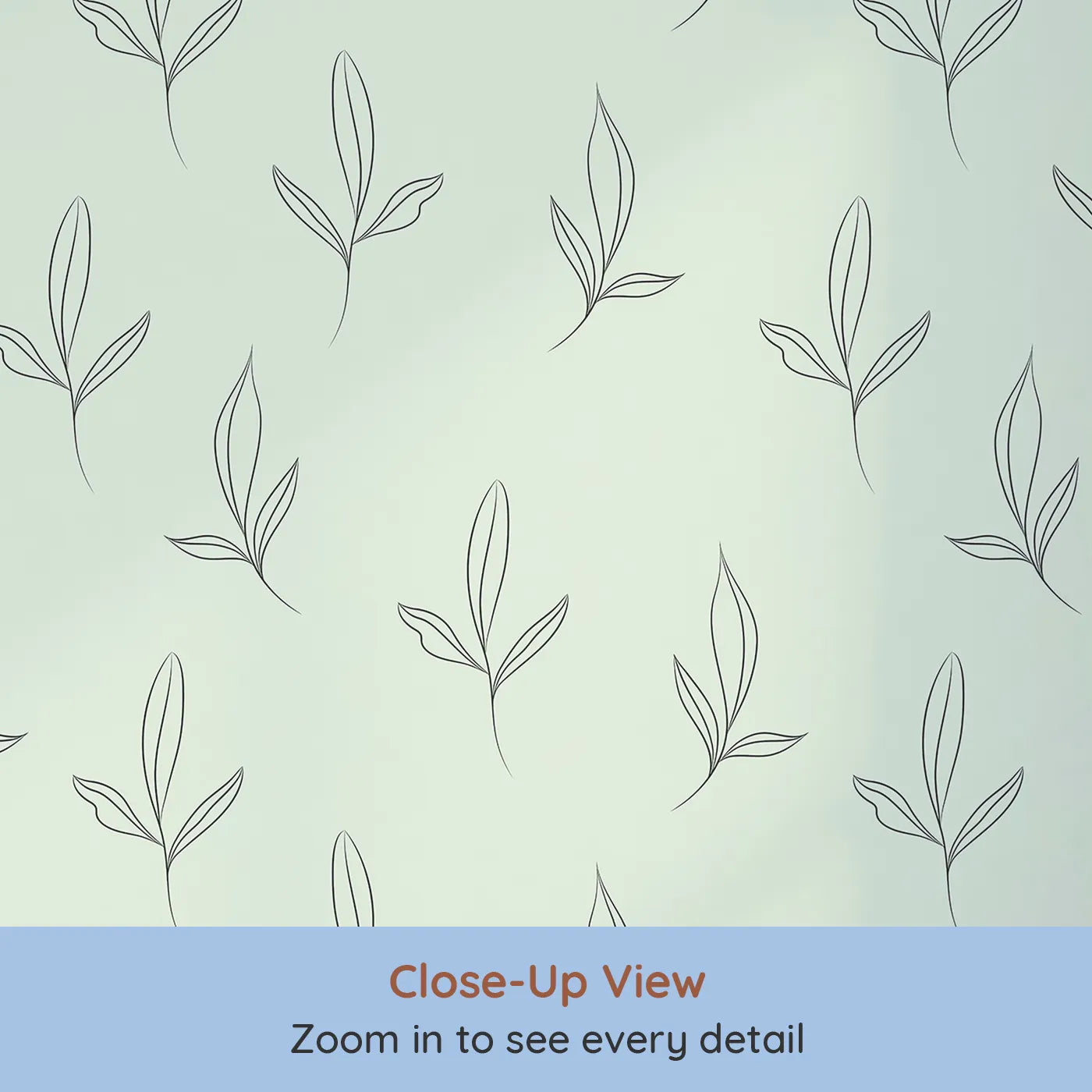 Close-up view of Whimsy Tots' Whispering Leaflines Wallpaper in Mint Green (W3412D).Soft leaf sketches sway across a gentle mint green sky.