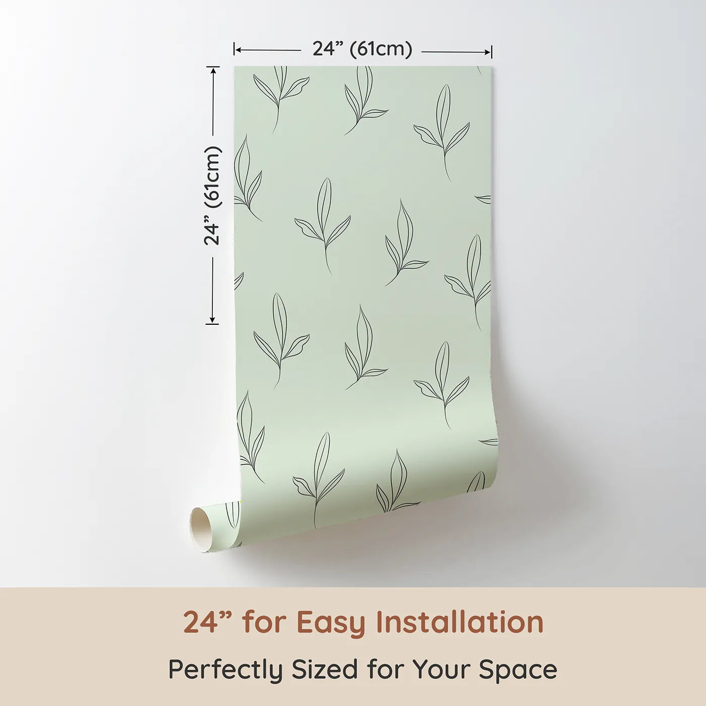 Dimension view of Whimsy Tots Whispering Leaflines Wallpaper in Mint Green (W3412D). Printed in 24-inch-wide panel for easy installation. Soft leaf sketches sway across a gentle mint green sky.