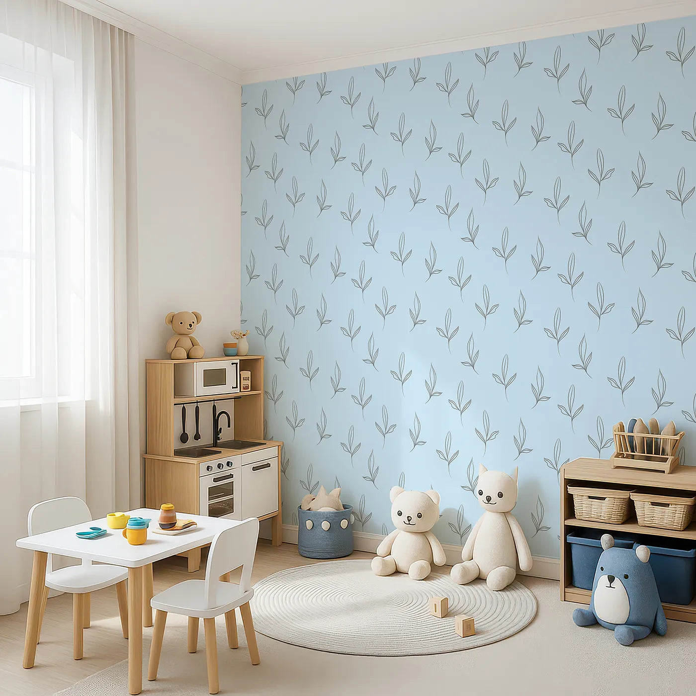 Angled view of Whimsy Tots' Whispering Leaflines Wallpaper in Blue (W3412E).Botanical sketches float softly across a peaceful blue sky.
