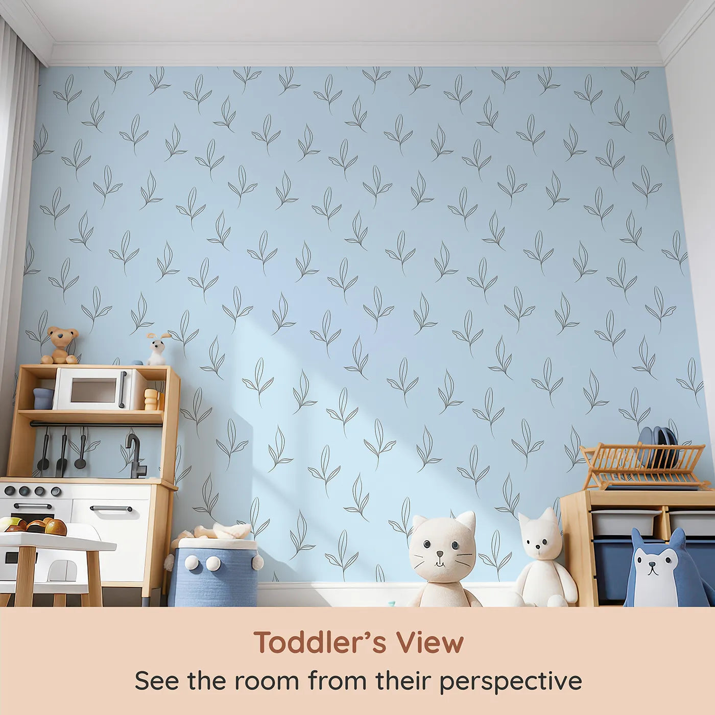 Whimsy Tots Whispering Leaflines Wallpaper in Blue (W3412E) from your child's view.Botanical sketches float softly across a peaceful blue sky.