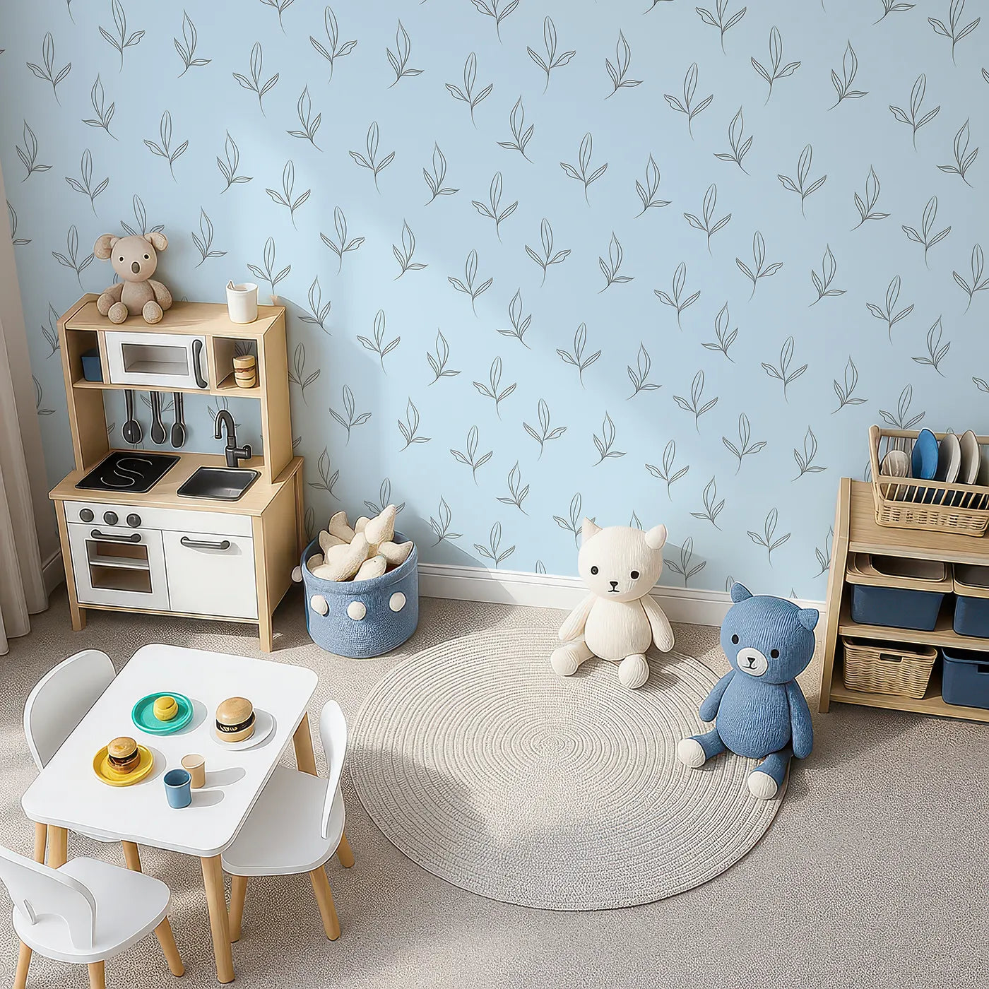 Top-Down view of Whimsy Tots' Whispering Leaflines Wallpaper in Blue (W3412E).Botanical sketches float softly across a peaceful blue sky.