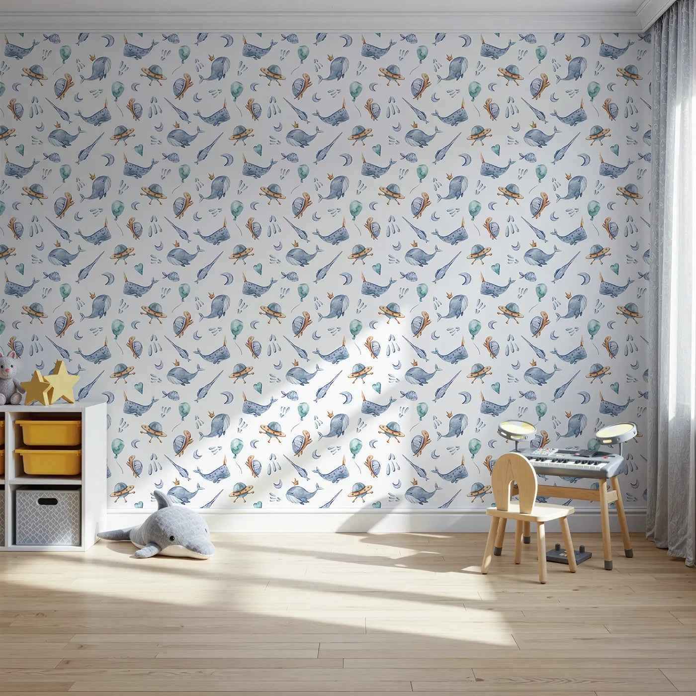 Front view of Whimsy Tots' Galactic Ocean Friends Wallpaper in White