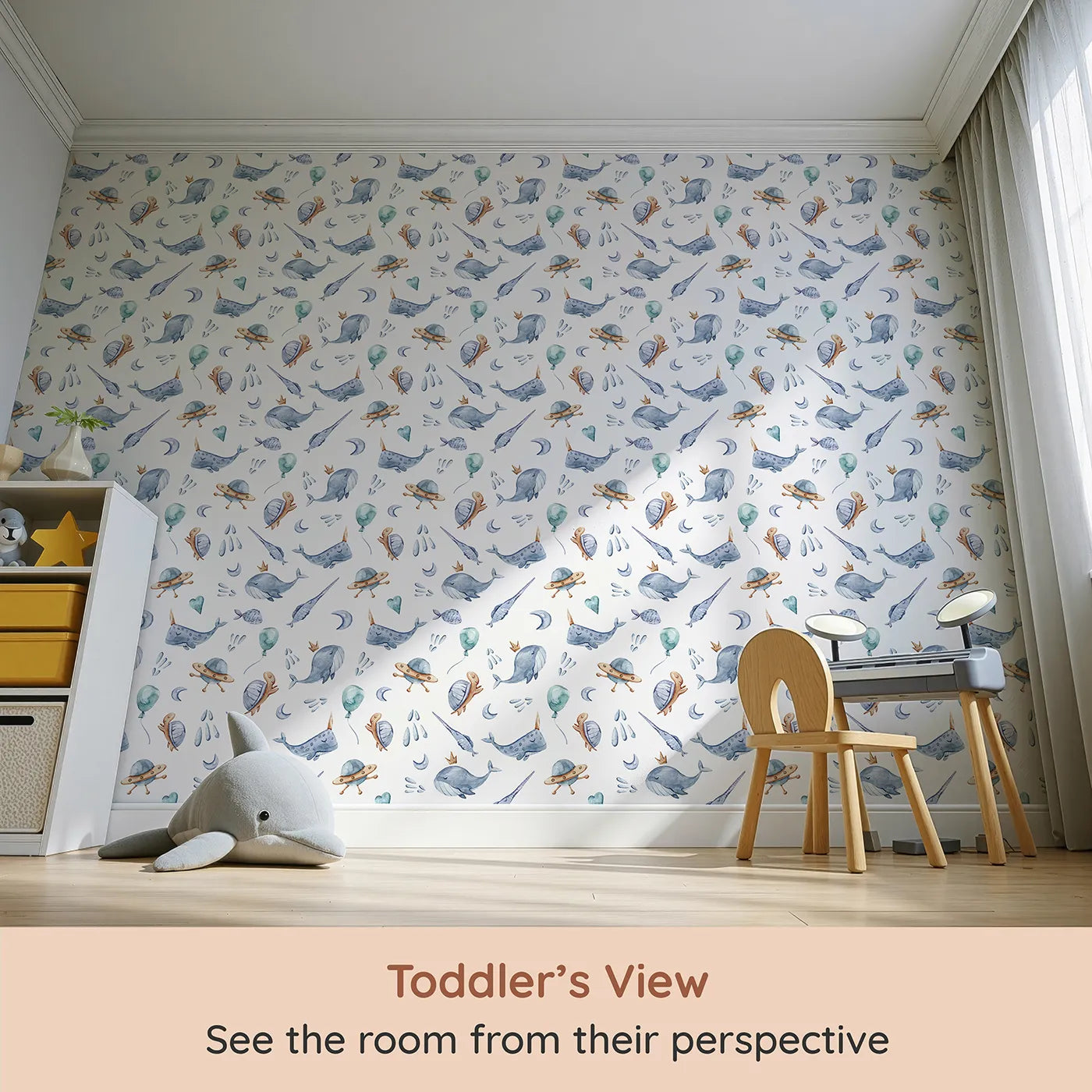 Whimsy Tots Galactic Ocean Friends Wallpaper in White (W3413A) from your child's view.Whales, turtles, and UFOs float playfully through a starry white sky.