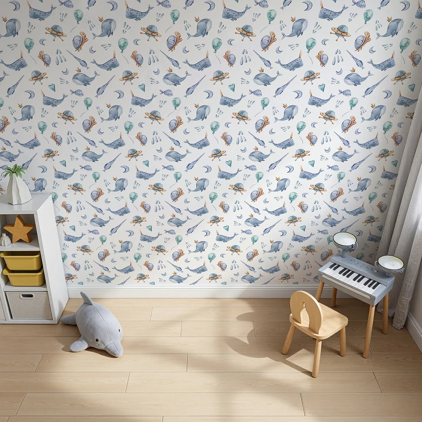 Top-Down view of Whimsy Tots' Galactic Ocean Friends Wallpaper in White (W3413A).Whales, turtles, and UFOs float playfully through a starry white sky.