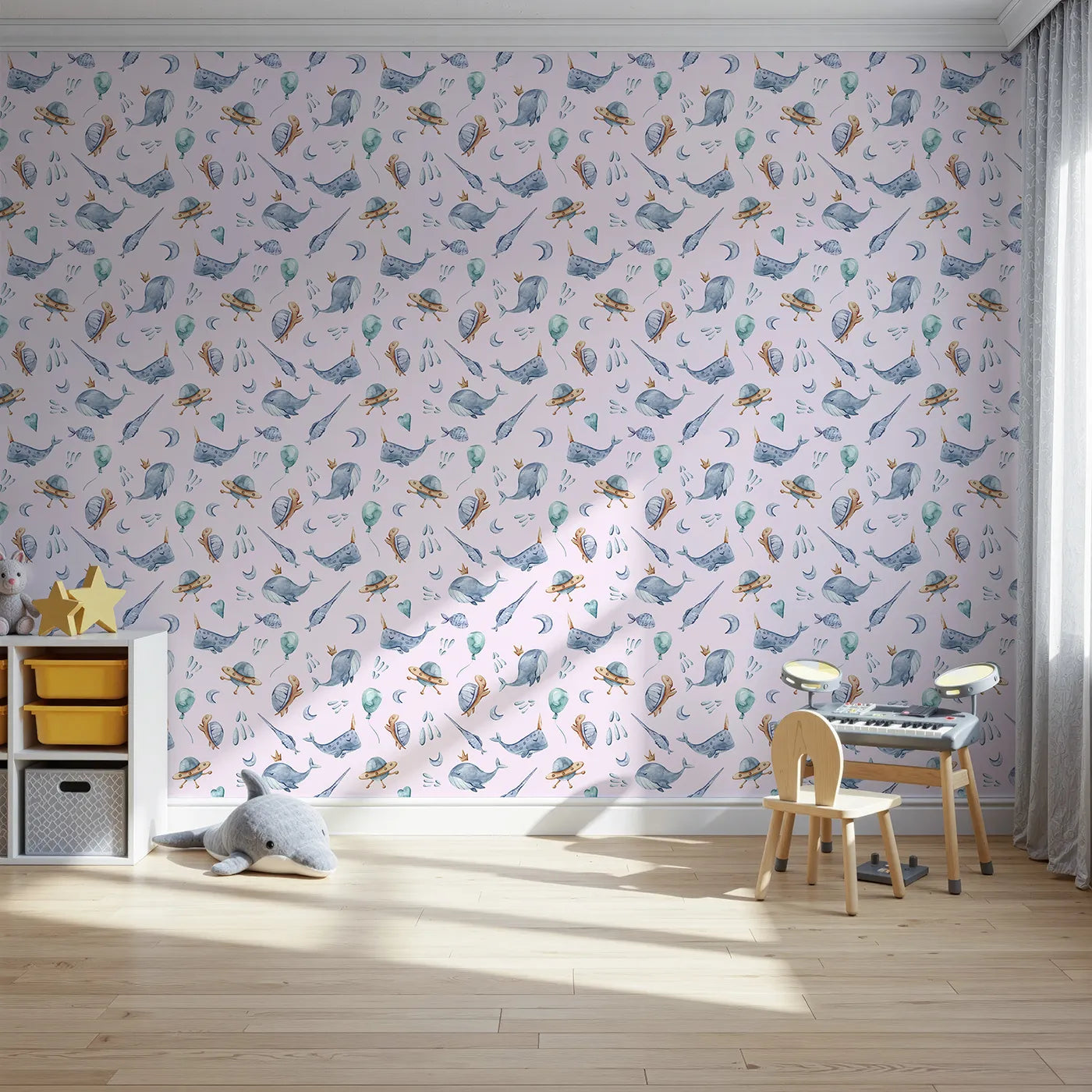 Front view of Whimsy Tots' Galactic Ocean Friends Wallpaper in Blush Pink