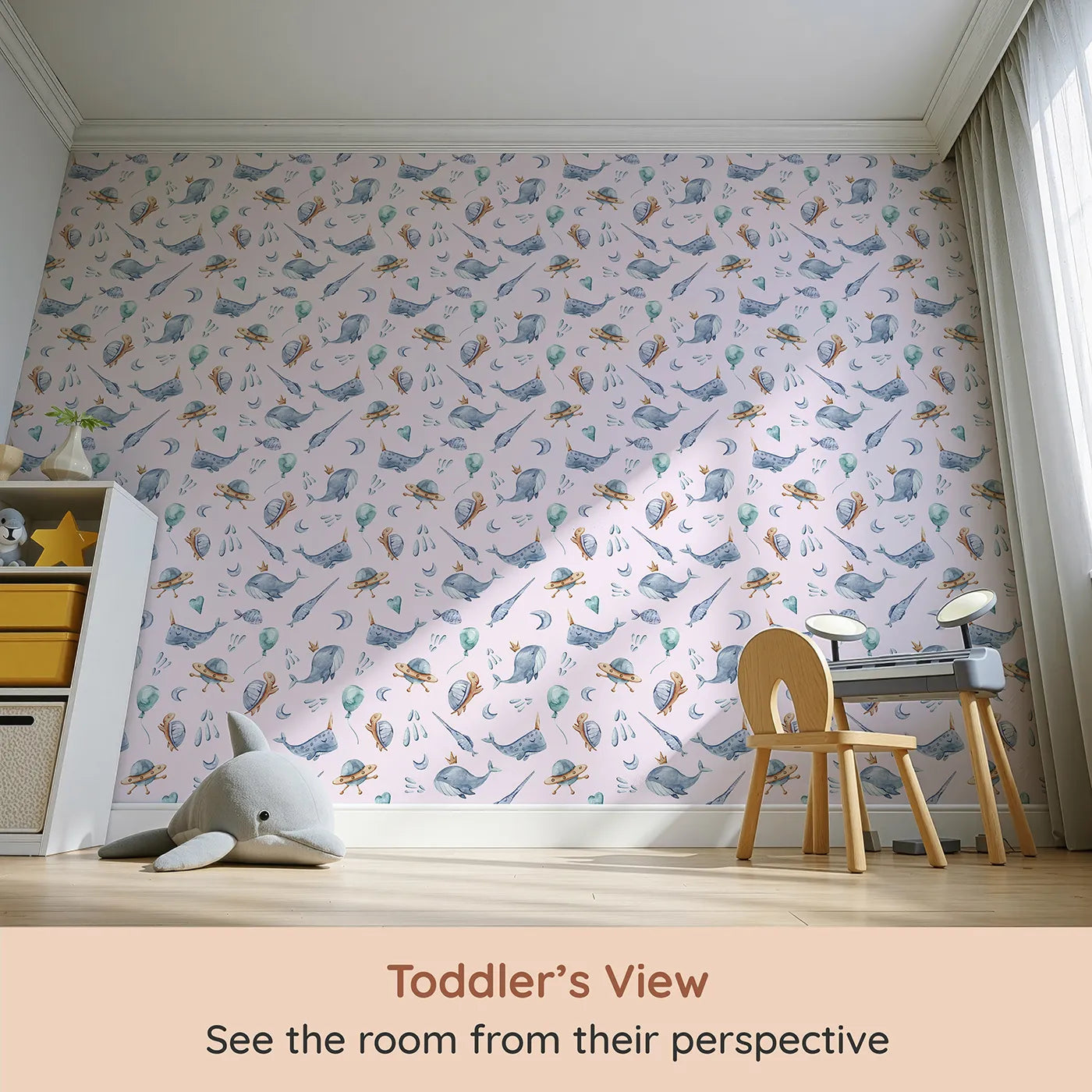 Whimsy Tots Galactic Ocean Friends Wallpaper in Blush Pink (W3413B) from your child's view.Playful whales and turtles float through a rosy pink galaxy of dreams.