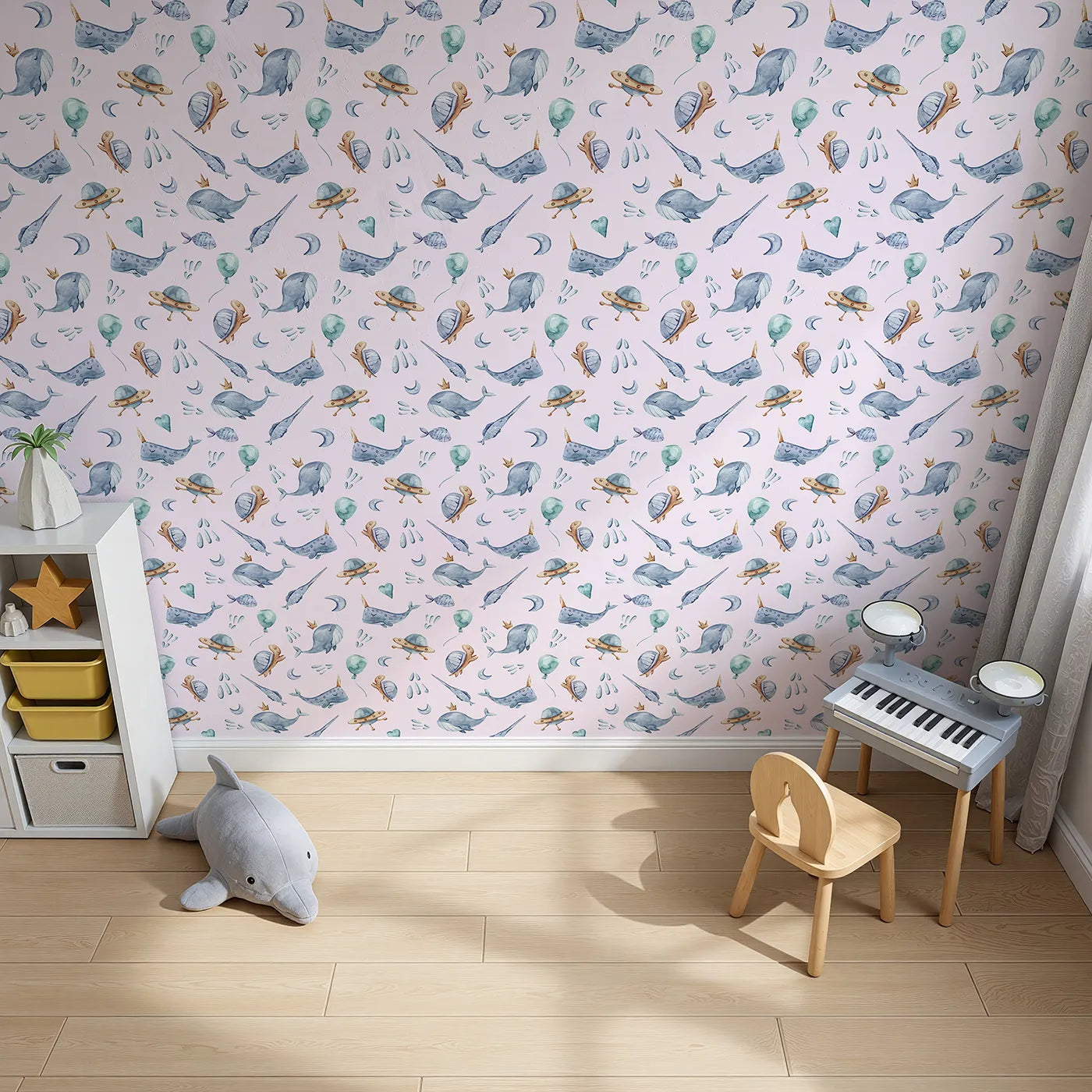 Top-Down view of Whimsy Tots' Galactic Ocean Friends Wallpaper in Blush Pink (W3413B).Playful whales and turtles float through a rosy pink galaxy of dreams.