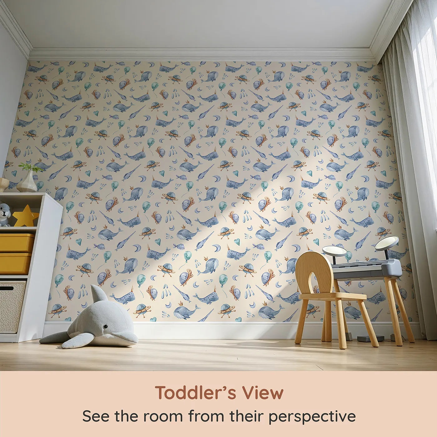 Whimsy Tots Galactic Ocean Friends Wallpaper in Sand (W3413C) from your child's view.Whales and turtles play among UFOs on a soft sandy sky.