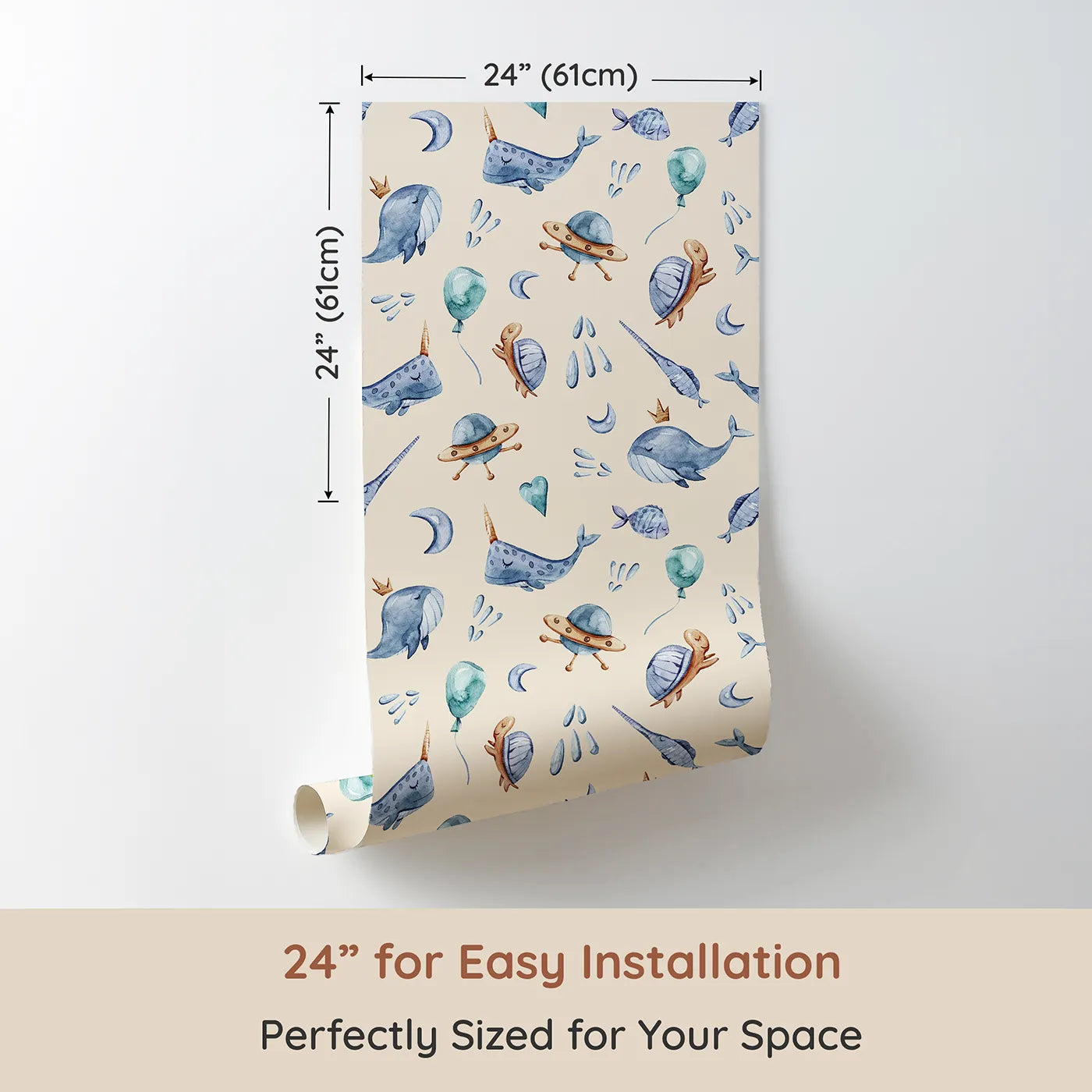 Dimension view of Whimsy Tots Galactic Ocean Friends Wallpaper in Sand (W3413C). Printed in 24-inch-wide panel for easy installation. Whales and turtles play among UFOs on a soft sandy sky.