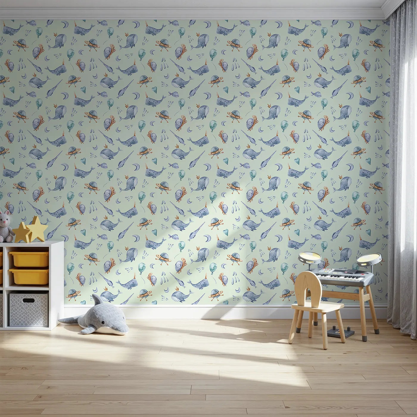 Front view of Whimsy Tots' Galactic Ocean Friends Wallpaper in Mint Green