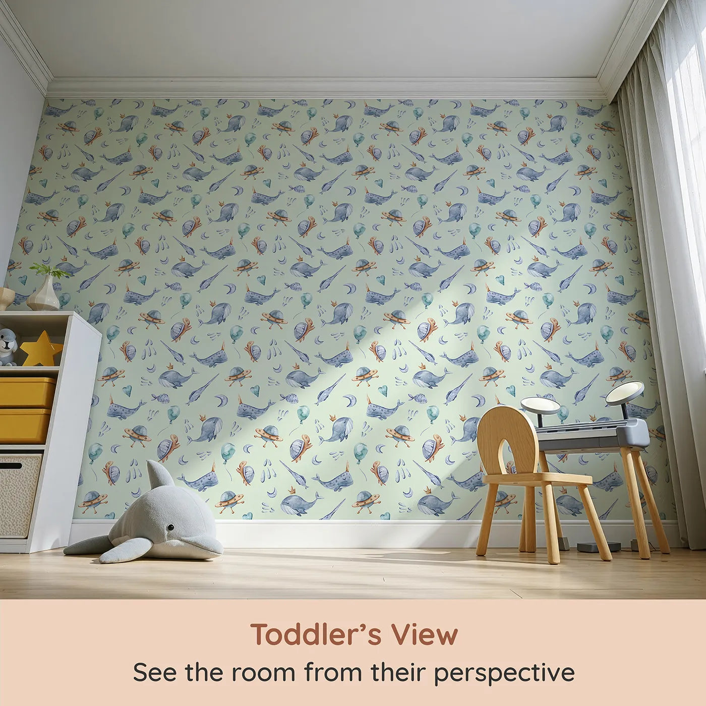 Whimsy Tots Galactic Ocean Friends Wallpaper in Mint Green (W3413D) from your child's view.Whimsical whales and turtles float beneath a mint green sky.