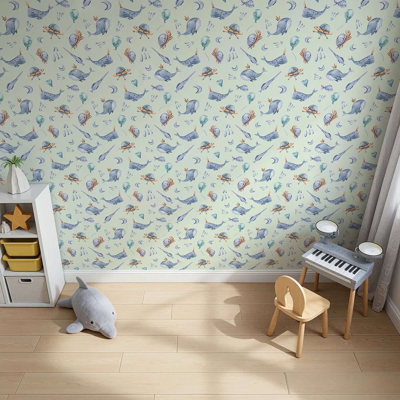 Top-Down view of Whimsy Tots' Galactic Ocean Friends Wallpaper in Mint Green (W3413D).Whimsical whales and turtles float beneath a mint green sky.
