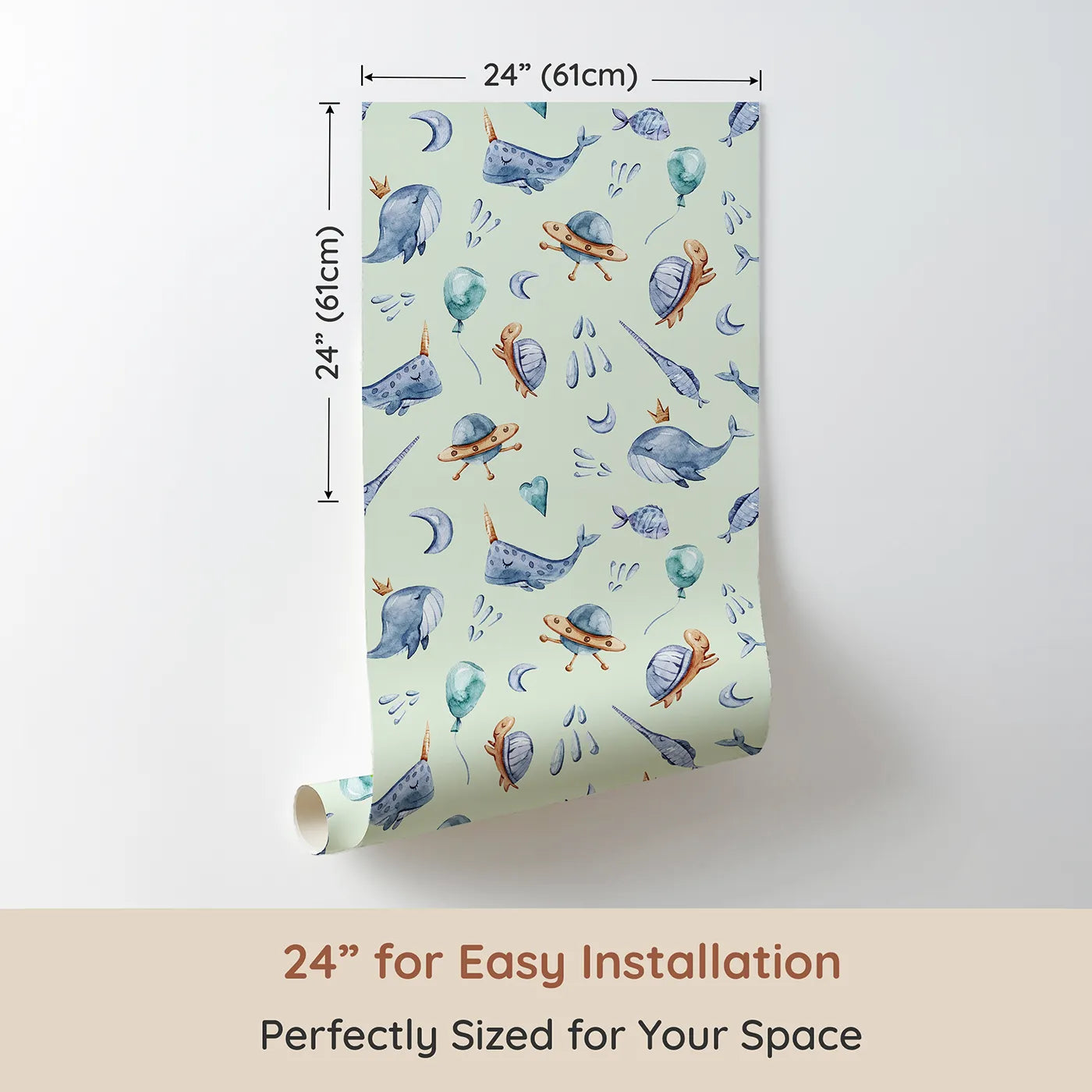 Dimension view of Whimsy Tots Galactic Ocean Friends Wallpaper in Mint Green (W3413D). Printed in 24-inch-wide panel for easy installation. Whimsical whales and turtles float beneath a mint green sky.