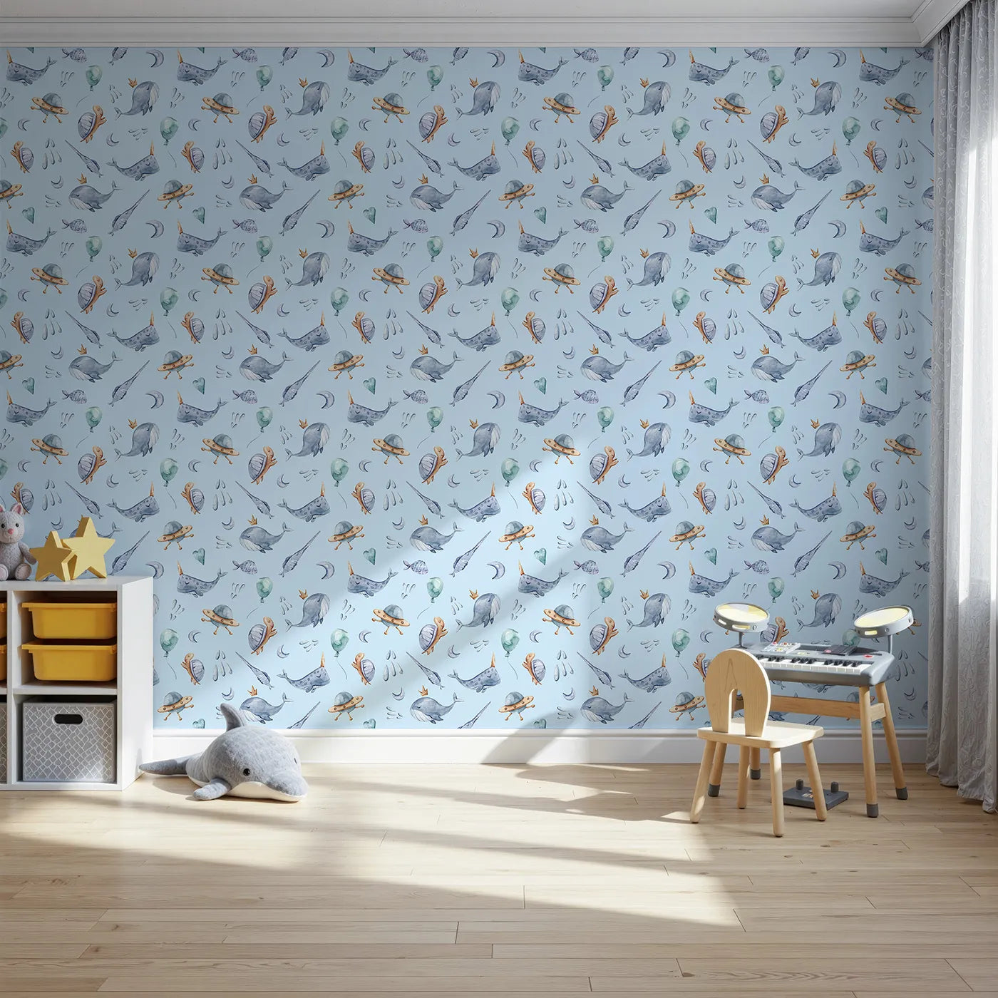 Front view of Whimsy Tots' Galactic Ocean Friends Wallpaper in Blue