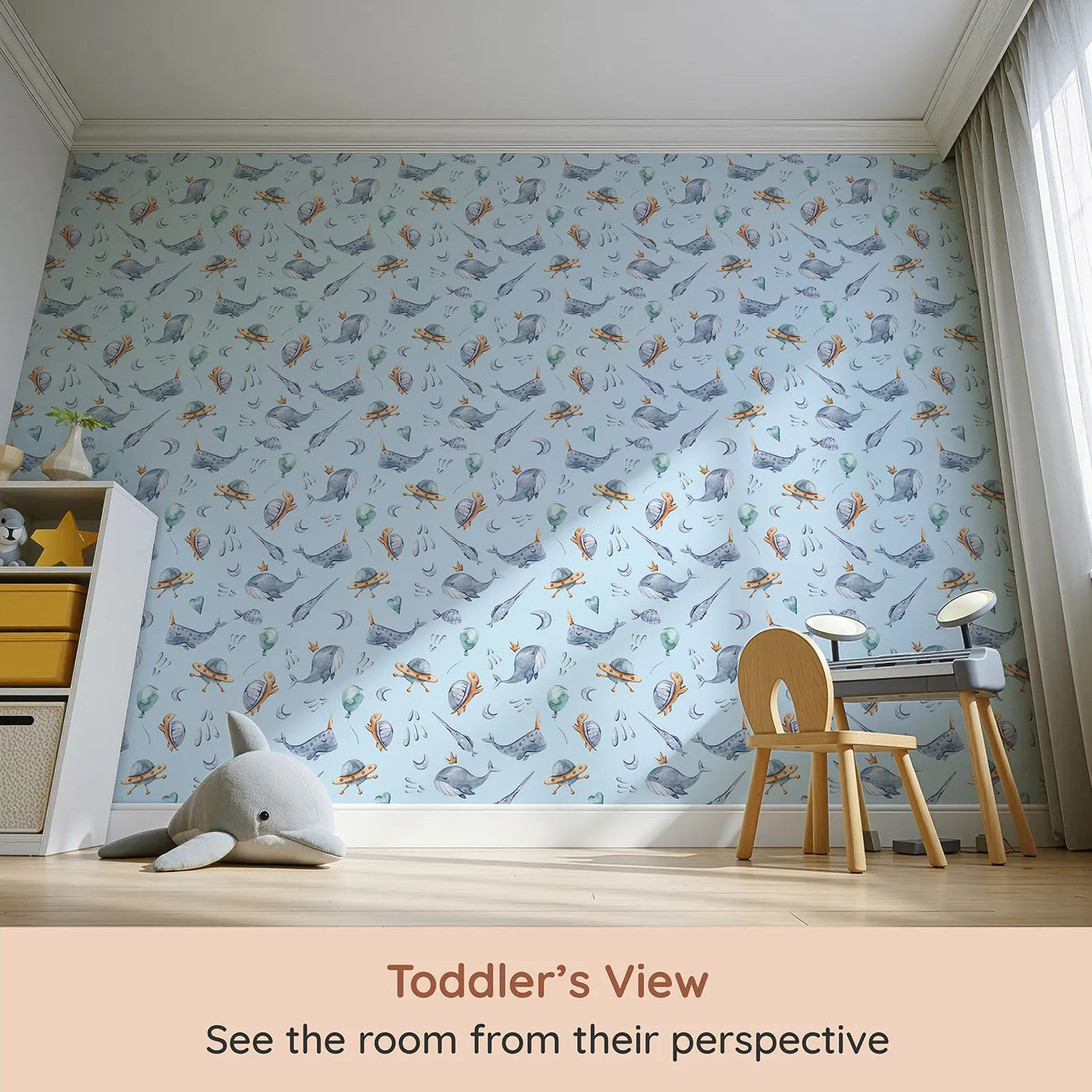 Whimsy Tots Galactic Ocean Friends Wallpaper in Blue (W3413E) from your child's view.Watercolor sea creatures and space dreams float in a gentle blue sky.