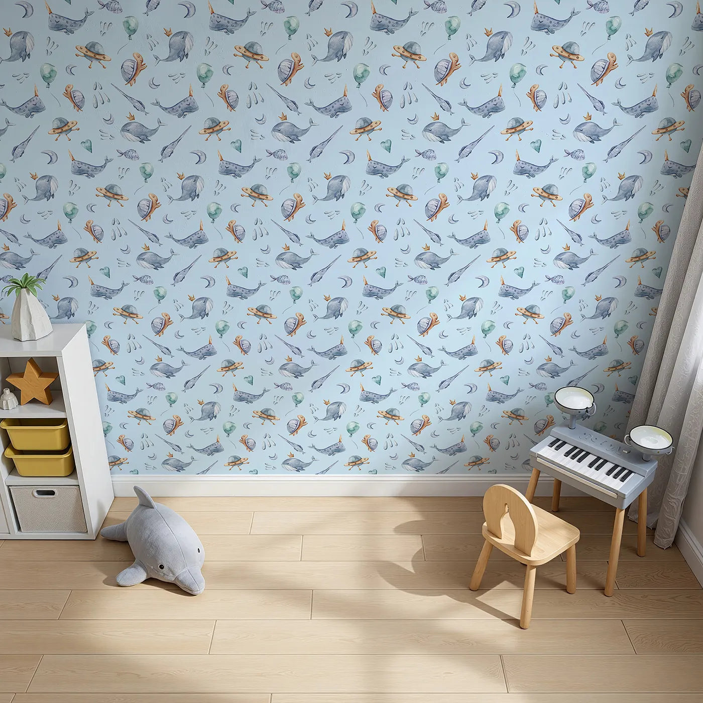 Top-Down view of Whimsy Tots' Galactic Ocean Friends Wallpaper in Blue (W3413E).Watercolor sea creatures and space dreams float in a gentle blue sky.