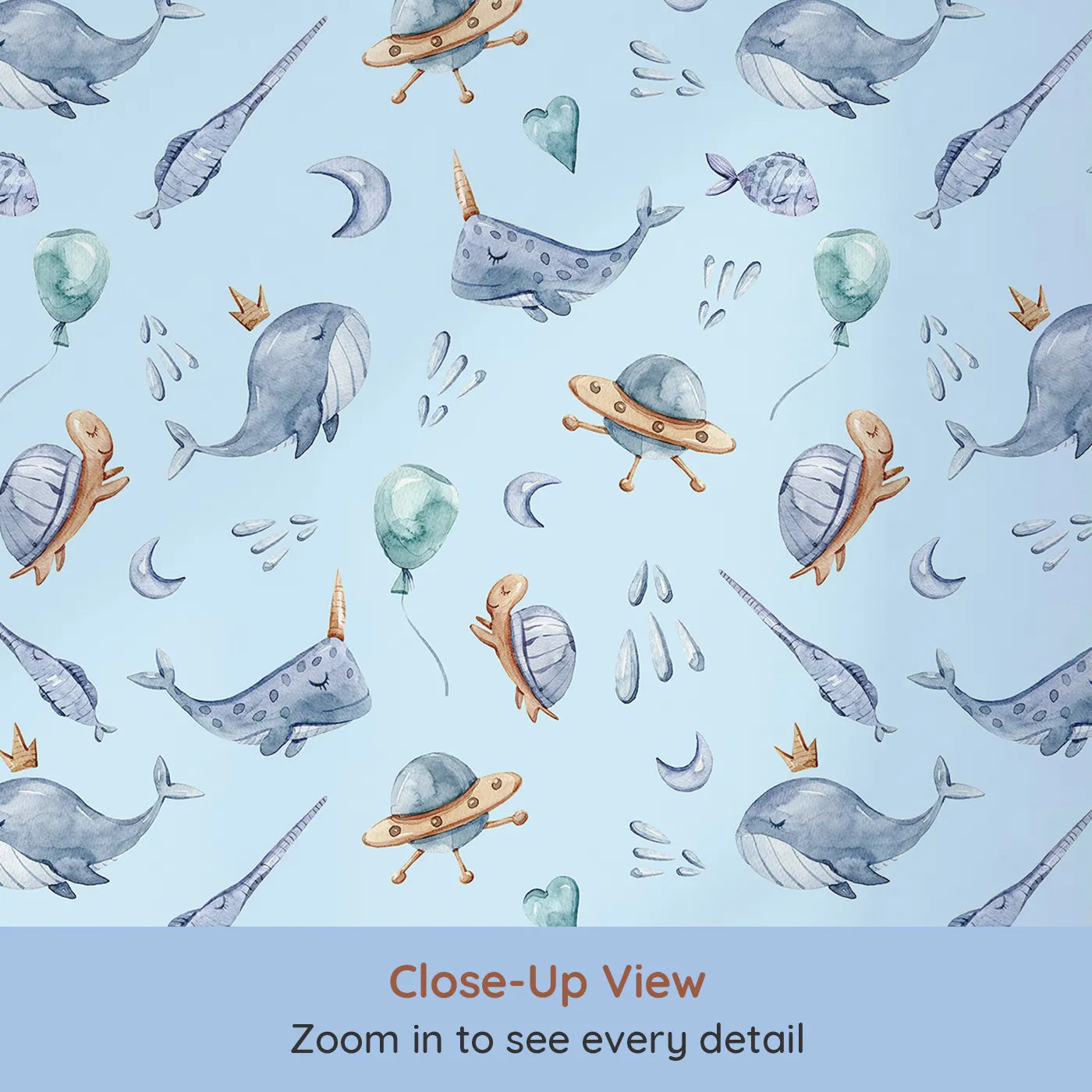 Close-up view of Whimsy Tots' Galactic Ocean Friends Wallpaper in Blue (W3413E).Watercolor sea creatures and space dreams float in a gentle blue sky.