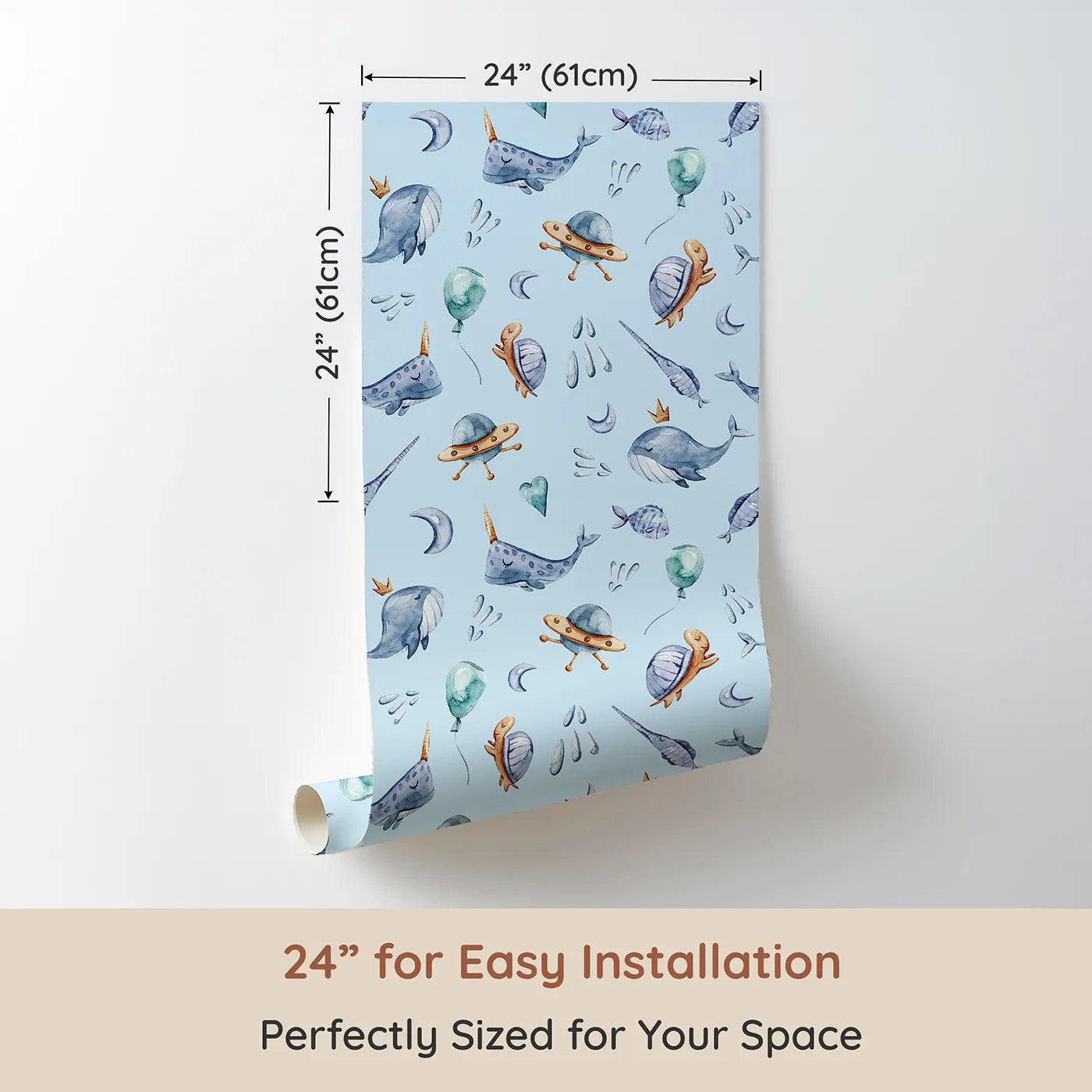 Dimension view of Whimsy Tots Galactic Ocean Friends Wallpaper in Blue (W3413E). Printed in 24-inch-wide panel for easy installation. Watercolor sea creatures and space dreams float in a gentle blue sky.