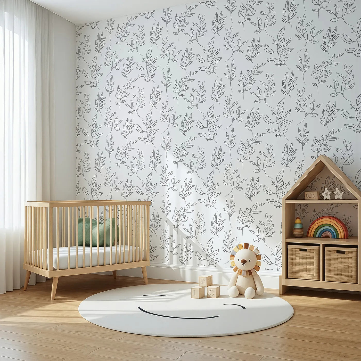 Angled view of Whimsy Tots' Wild Leafline Garden Wallpaper in White (W3414A).Graceful stems and berries bloom across a bright white sky.