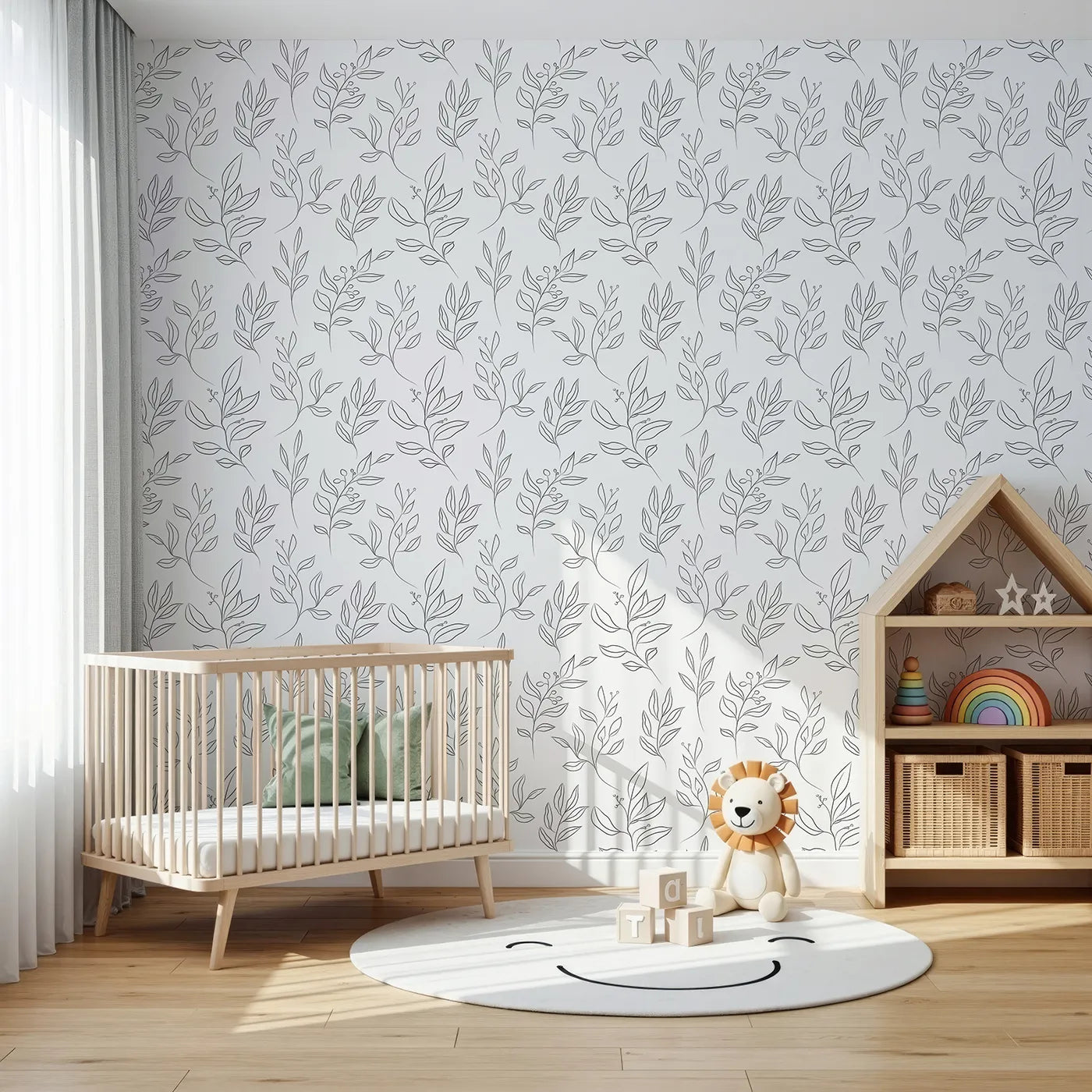 Front view of Whimsy Tots' Wild Leafline Garden Wallpaper in White