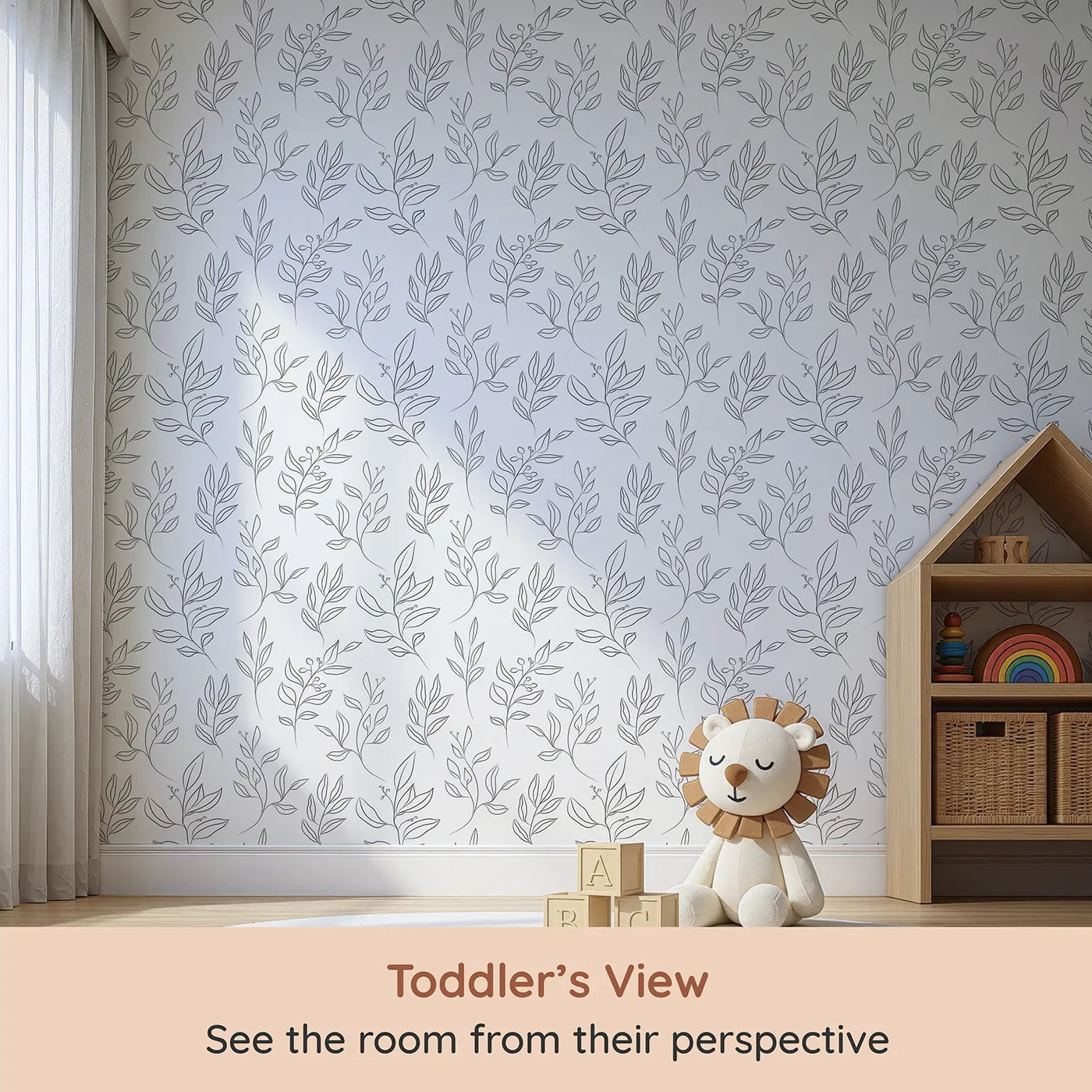 Whimsy Tots Wild Leafline Garden Wallpaper in White (W3414A) from your child's view.Graceful stems and berries bloom across a bright white sky.