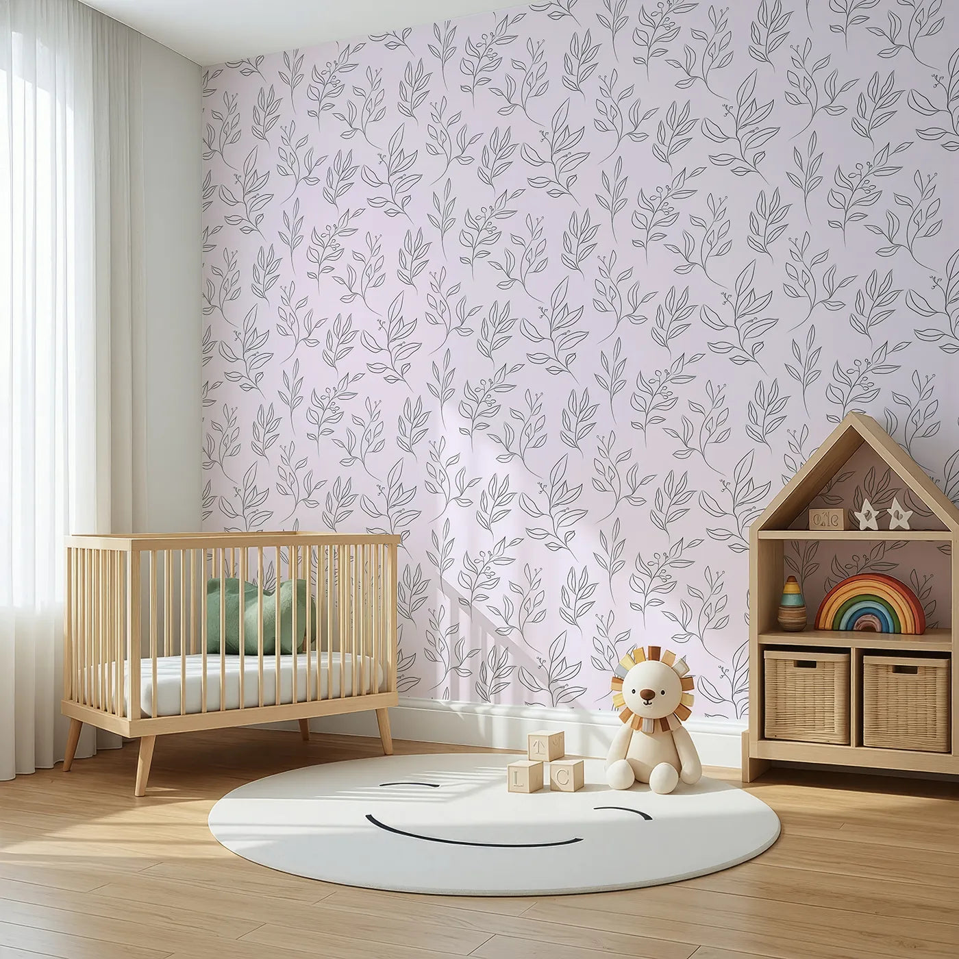 Angled view of Whimsy Tots' Wild Leafline Garden Wallpaper in Blush Pink (W3414B).Botanical sprigs and berry stems bloom across a gentle blush sky.