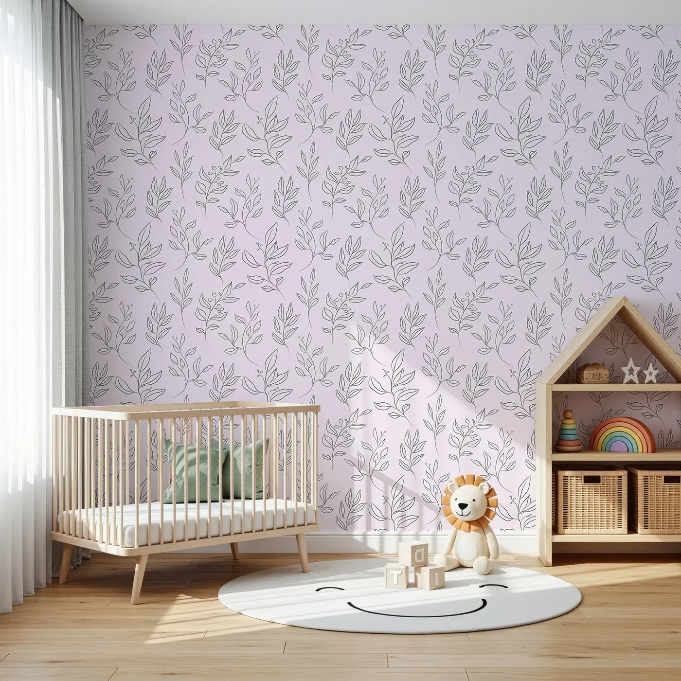 Front view of Whimsy Tots' Wild Leafline Garden Wallpaper in Blush Pink