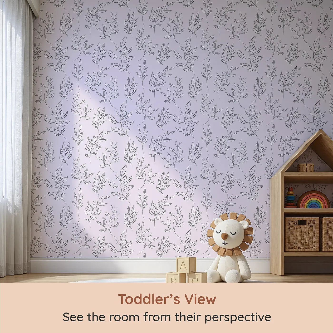 Whimsy Tots Wild Leafline Garden Wallpaper in Blush Pink (W3414B) from your child's view.Botanical sprigs and berry stems bloom across a gentle blush sky.