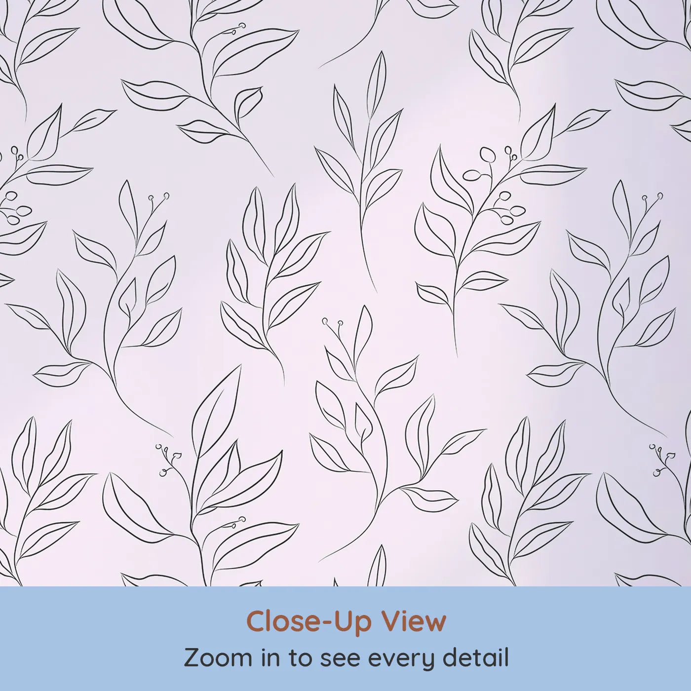 Close-up view of Whimsy Tots' Wild Leafline Garden Wallpaper in Blush Pink (W3414B).Botanical sprigs and berry stems bloom across a gentle blush sky.