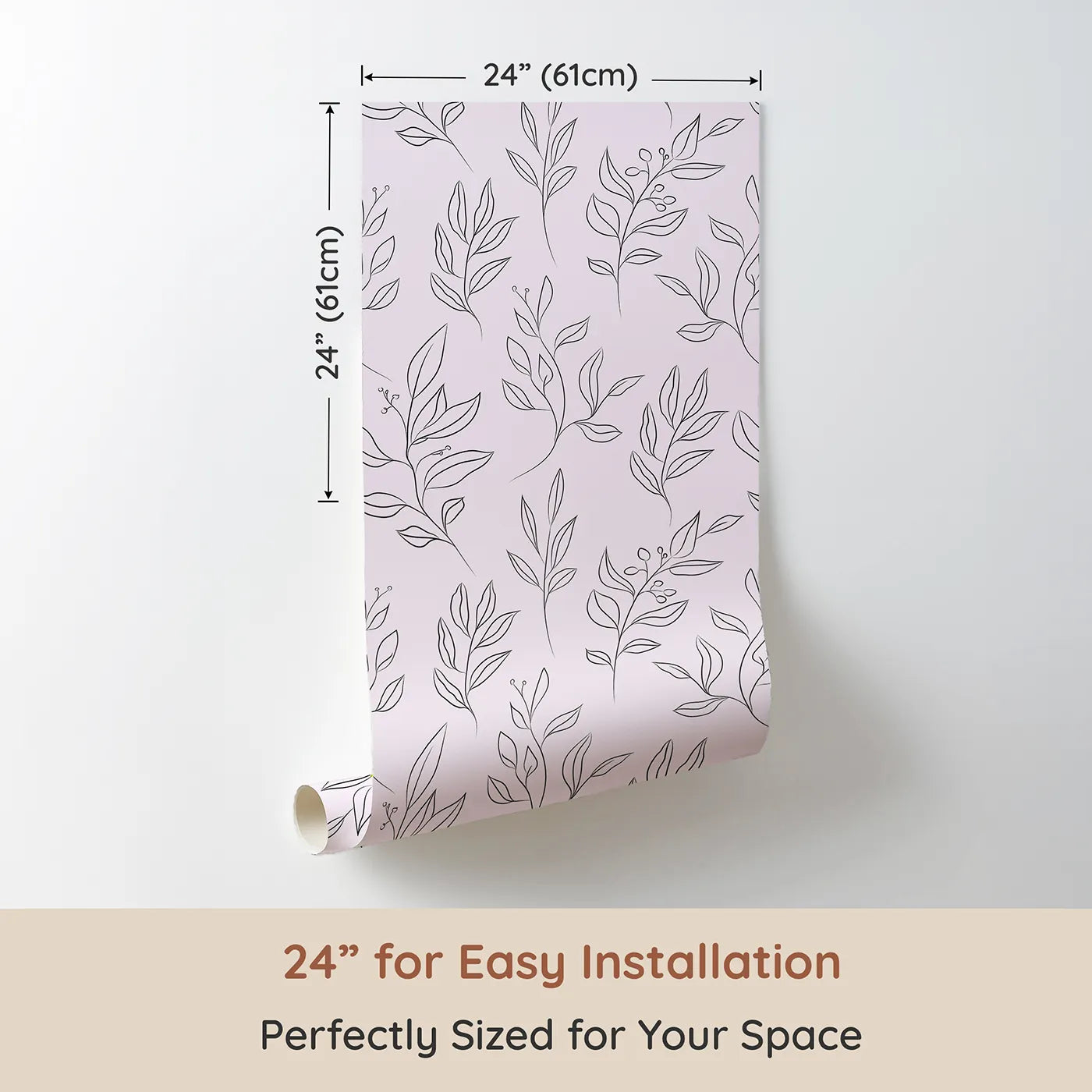 Dimension view of Whimsy Tots Wild Leafline Garden Wallpaper in Blush Pink (W3414B). Printed in 24-inch-wide panel for easy installation. Botanical sprigs and berry stems bloom across a gentle blush sky.