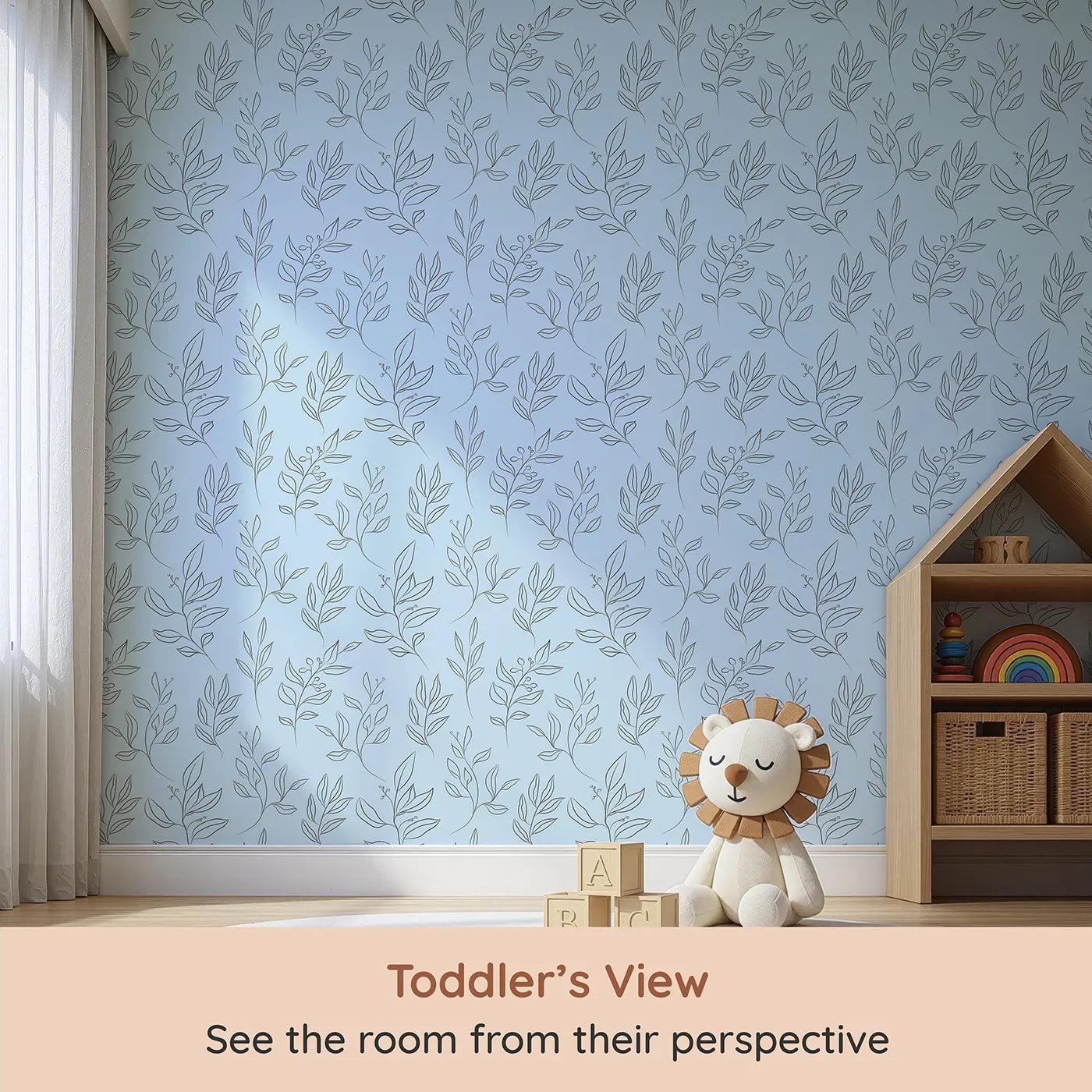Whimsy Tots Wild Leafline Garden Wallpaper in Blue (W3414E) from your child's view.Sketchy leaves and berries drift across a soft blue garden sky.
