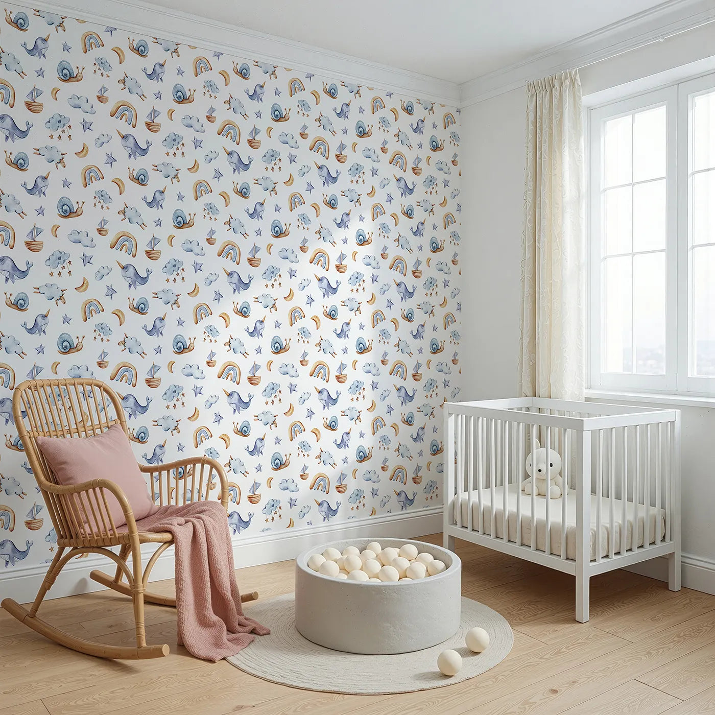 Angled view of Whimsy Tots' Dreamscape Journey Wallpaper in White (W3415A).Snails, stars, and narwhals float gently across a dreamy white sky.