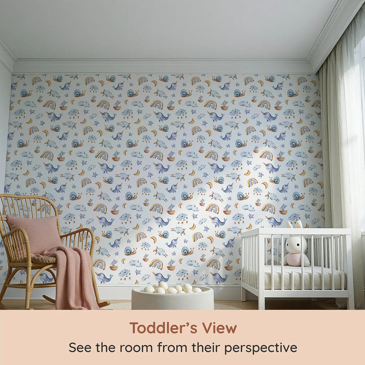 Whimsy Tots Dreamscape Journey Wallpaper in White (W3415A) from your child's view.Snails, stars, and narwhals float gently across a dreamy white sky.