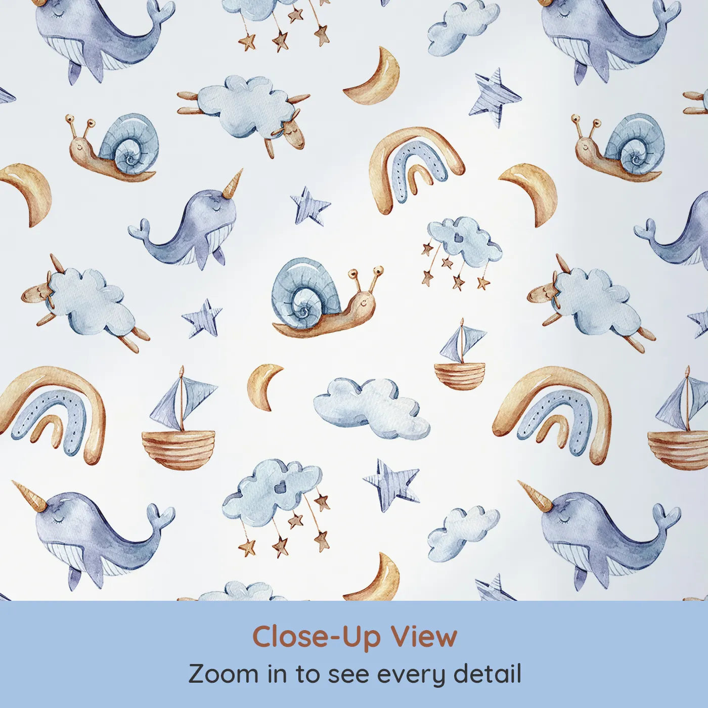 Close-up view of Whimsy Tots' Dreamscape Journey Wallpaper in White (W3415A).Snails, stars, and narwhals float gently across a dreamy white sky.