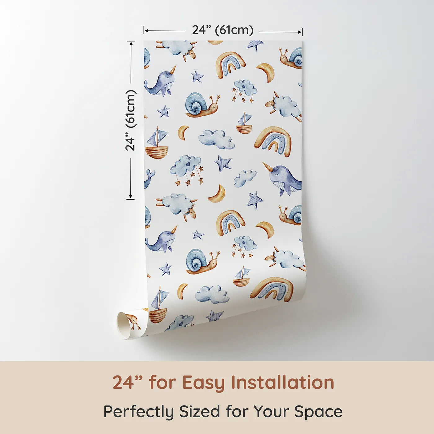 Dimension view of Whimsy Tots Dreamscape Journey Wallpaper in White (W3415A). Printed in 24-inch-wide panel for easy installation. Snails, stars, and narwhals float gently across a dreamy white sky.