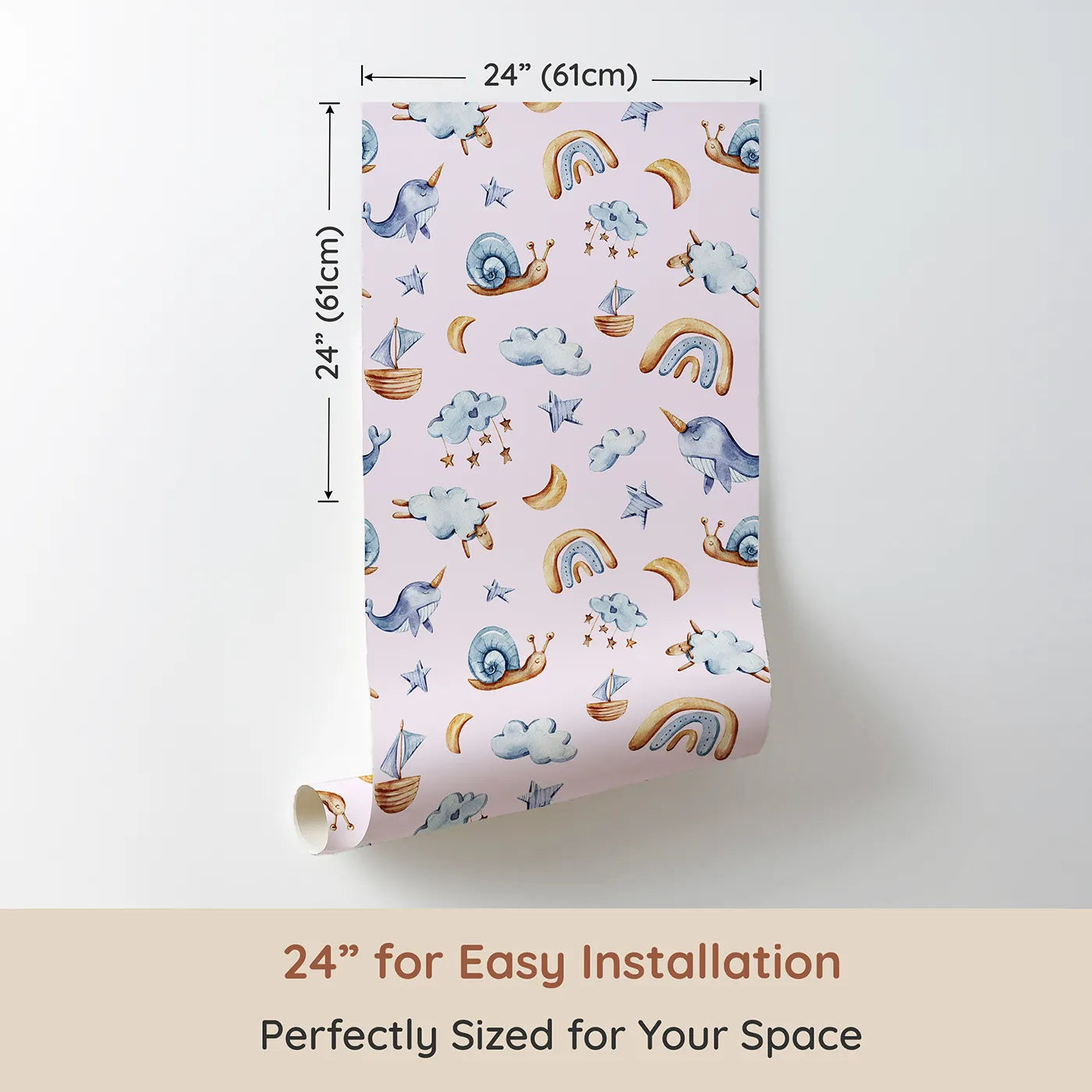 Dimension view of Whimsy Tots Dreamscape Journey Wallpaper in Blush Pink (W3415B). Printed in 24-inch-wide panel for easy installation. Narwhals, stars, and snails drift gently across a soft blush sky.