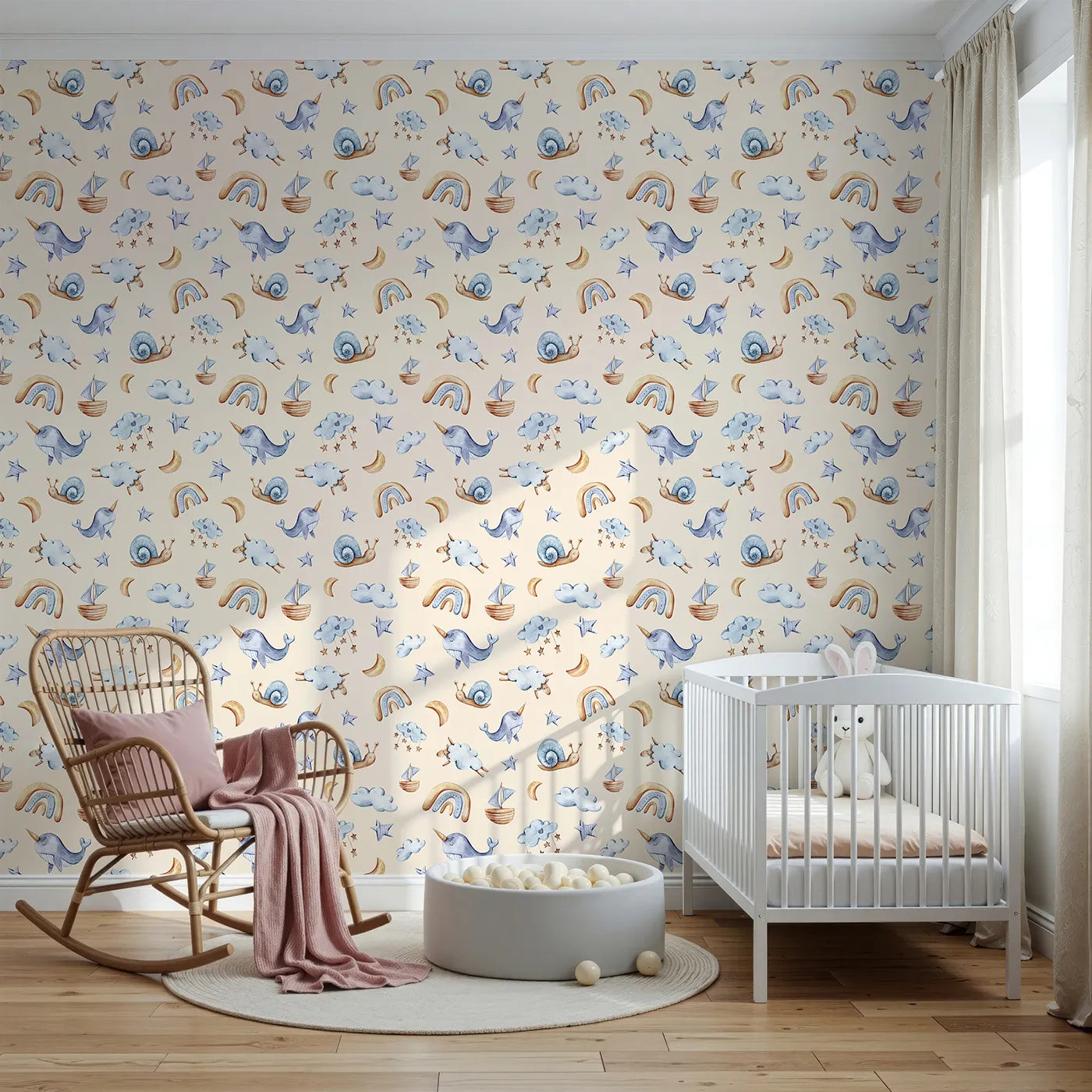 Front view of Whimsy Tots' Dreamscape Journey Wallpaper in Sand