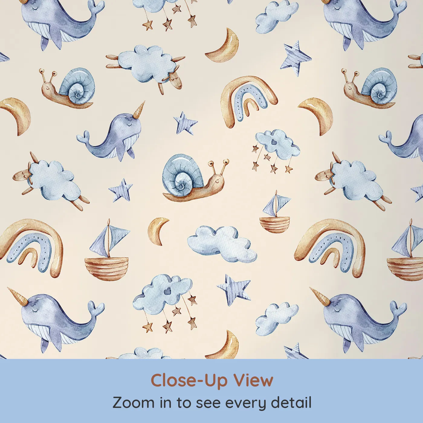 Close-up view of Whimsy Tots' Dreamscape Journey Wallpaper in Sand (W3415C).Narwhals, snails, and clouds float softly across a warm sandy sky.