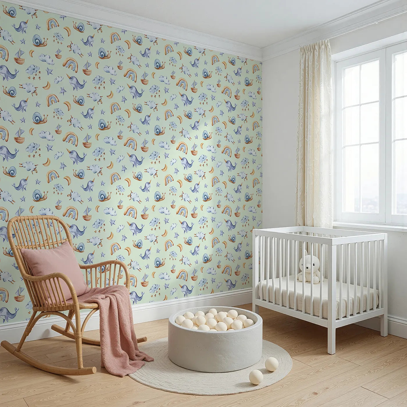Angled view of Whimsy Tots' Dreamscape Journey Wallpaper in Mint Green (W3415D).Watercolor whales and rainbows float playfully across a soft mint sky.