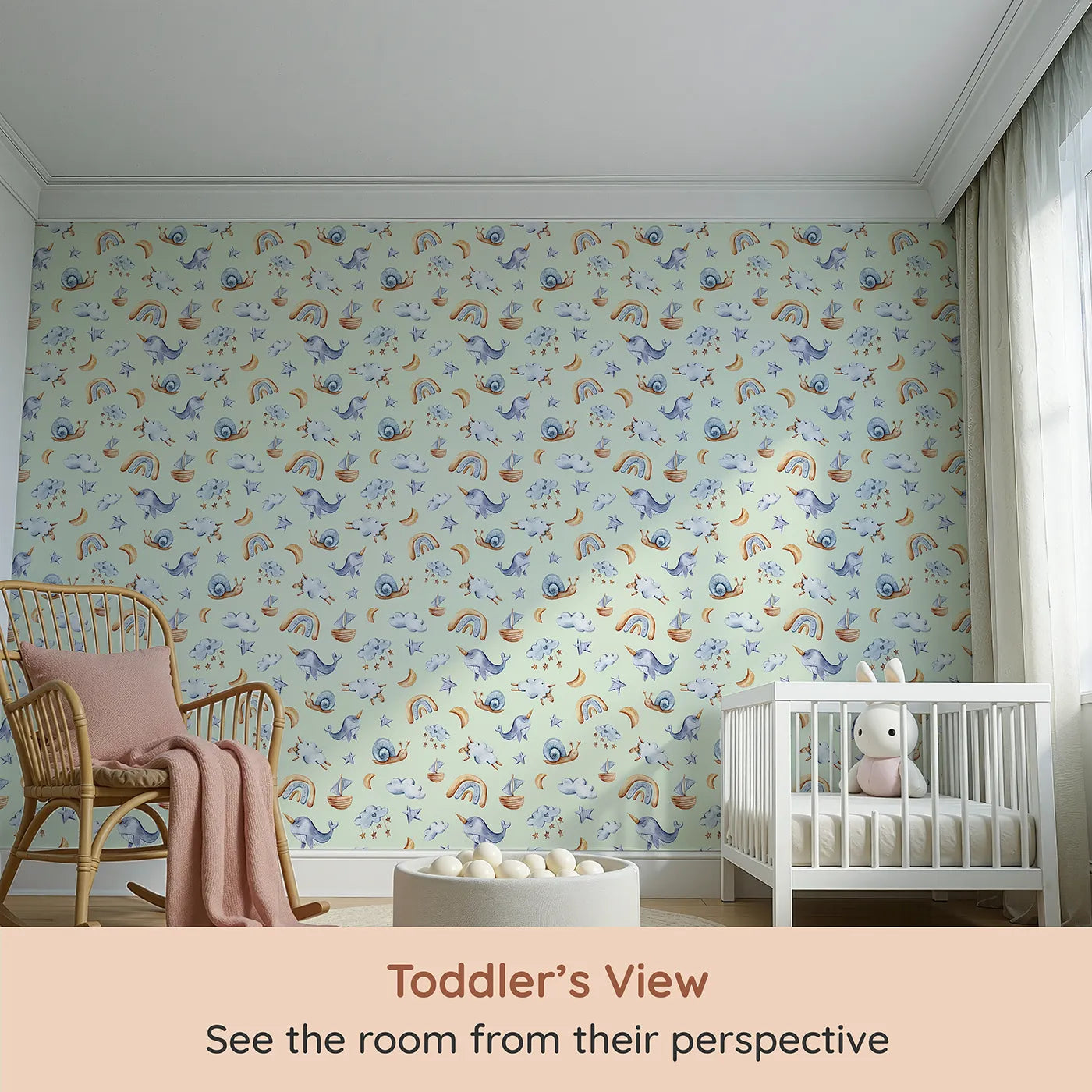 Whimsy Tots Dreamscape Journey Wallpaper in Mint Green (W3415D) from your child's view.Watercolor whales and rainbows float playfully across a soft mint sky.