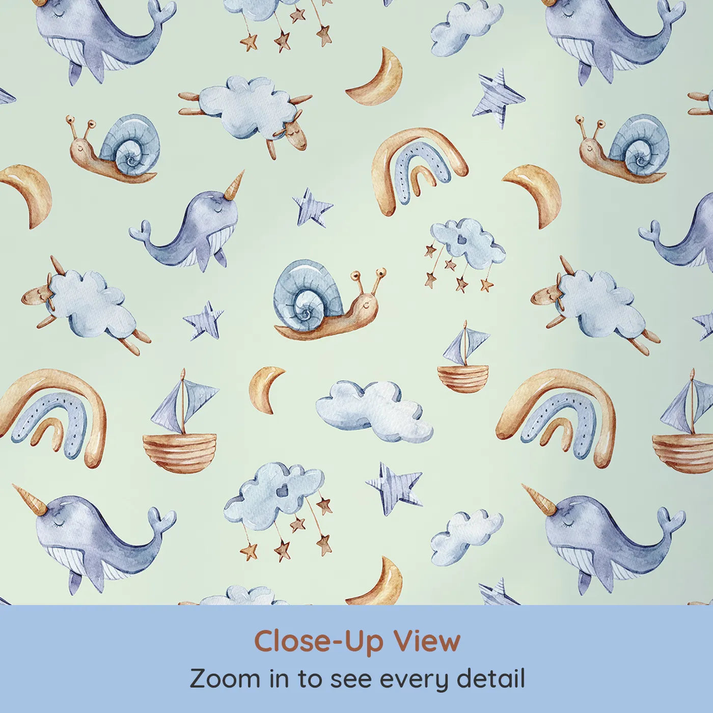 Close-up view of Whimsy Tots' Dreamscape Journey Wallpaper in Mint Green (W3415D).Watercolor whales and rainbows float playfully across a soft mint sky.