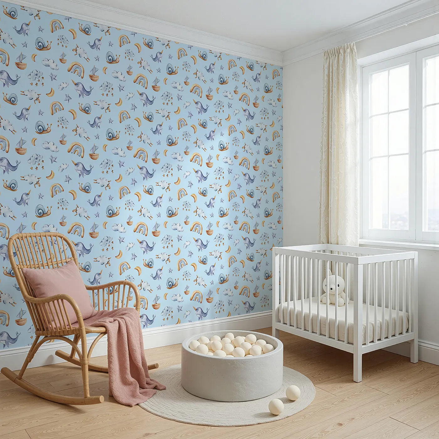 Angled view of Whimsy Tots' Dreamscape Journey Wallpaper in Blue (W3415E).Narwhals, moons, and clouds float gently across a soft blue sky.