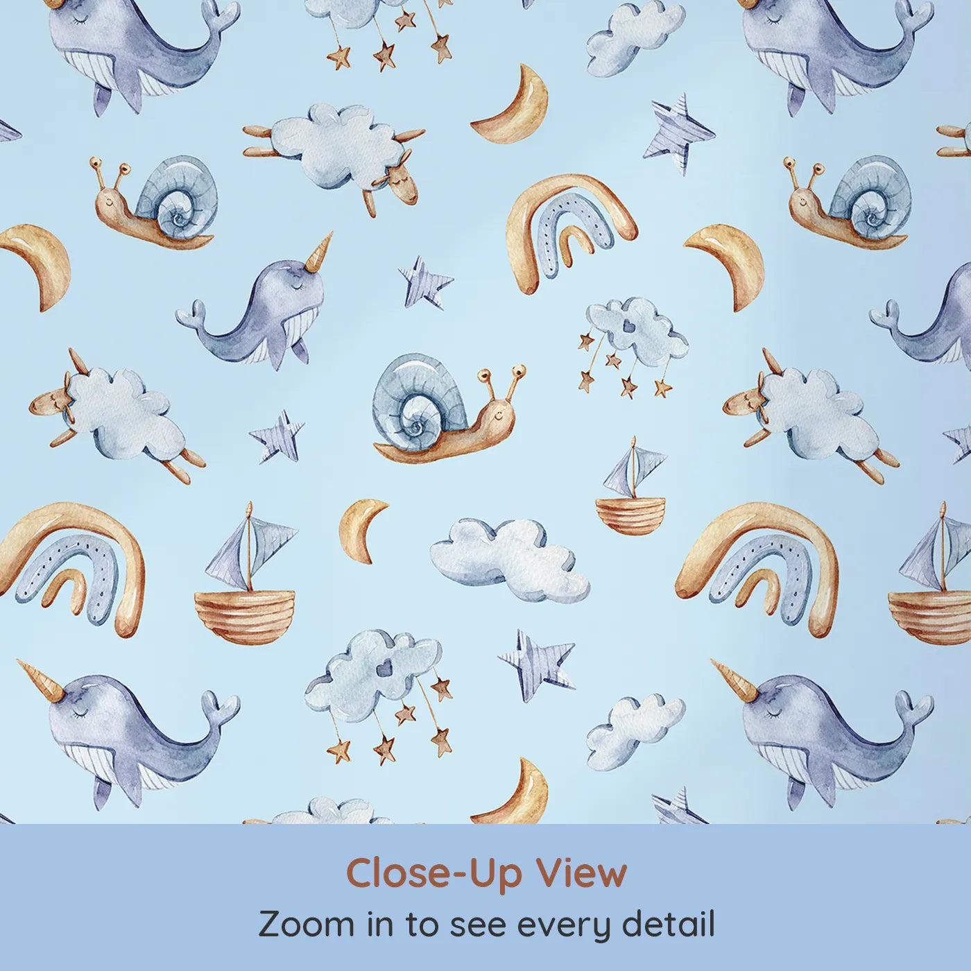 Close-up view of Whimsy Tots' Dreamscape Journey Wallpaper in Blue (W3415E).Narwhals, moons, and clouds float gently across a soft blue sky.