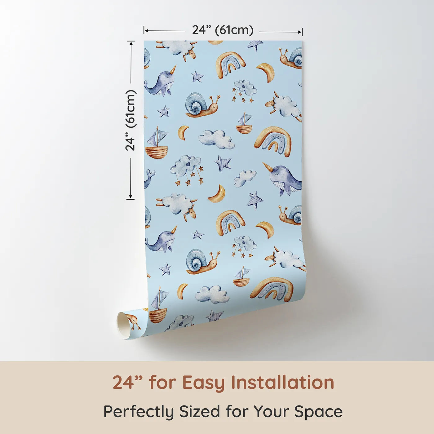 Dimension view of Whimsy Tots Dreamscape Journey Wallpaper in Blue (W3415E). Printed in 24-inch-wide panel for easy installation. Narwhals, moons, and clouds float gently across a soft blue sky.