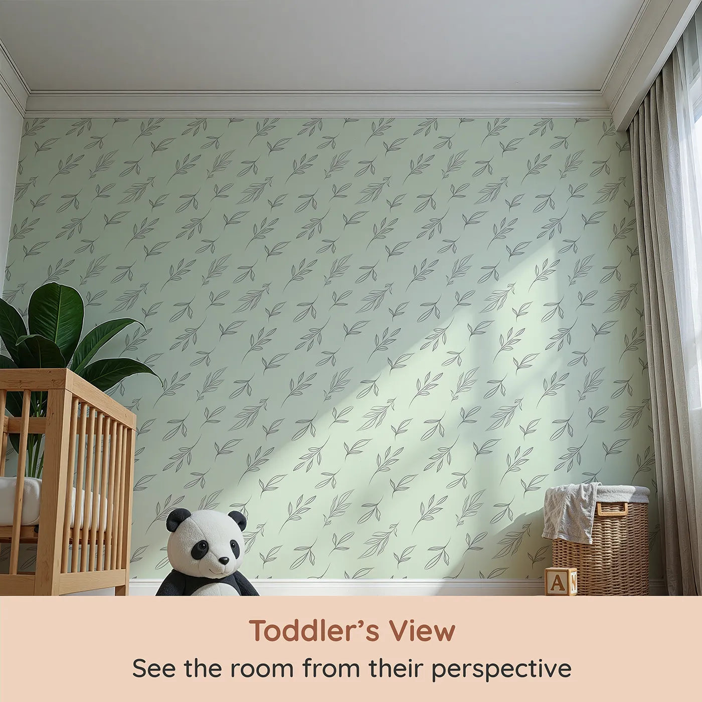 Whimsy Tots Leaf Outline Symphony Wallpaper in Mint Green (W3416D) from your child's view.Fineโline foliage glides in soothing rhythm.
