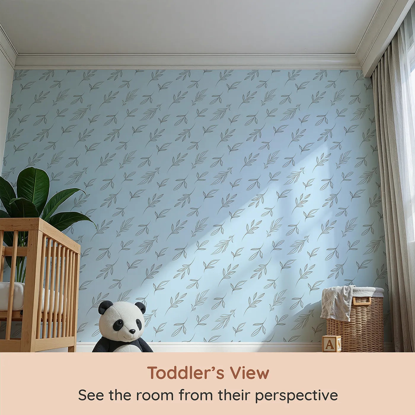 Whimsy Tots Leaf Outline Symphony Wallpaper in Sky Blue (W3416E) from your child's view.Fineβline foliage glides in soothing rhythm.